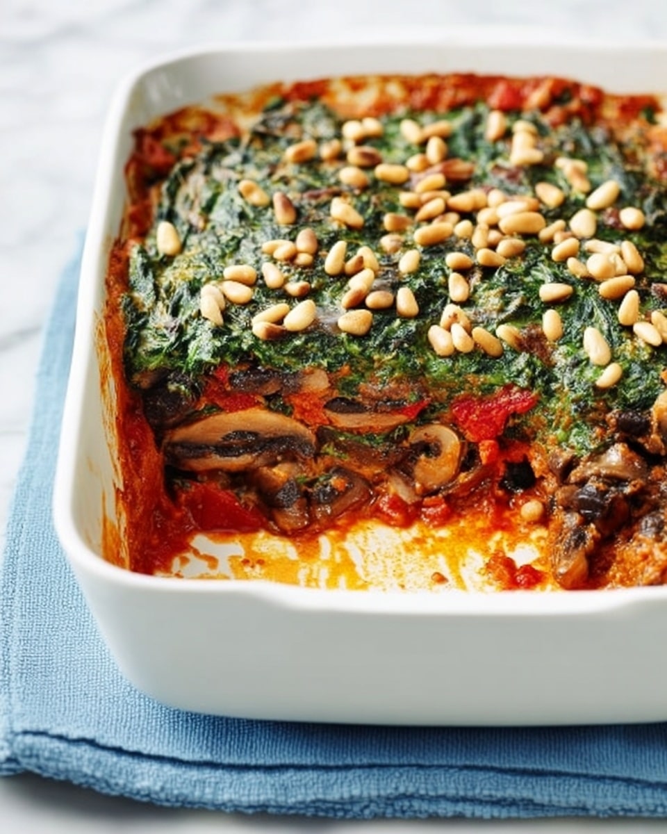 A white square baking dish filled with a layered vegetable casserole, showing four visible layers. The bottom layer is a deeply reddish-orange sauce that peeks through on the sides, topped with a mix of cooked mushroom slices and red pepper pieces in dark brown and deep red tones. Above this is a thick layer of bright green cooked spinach or herb mixture, slightly textured and spread evenly, topped with scattered golden pine nuts. The dish is placed on a folded blue cloth against a white marbled background. The edge of the casserole shows some sauce spots where a portion is missing. Photo taken with an iphone --ar 4:5 --v 7