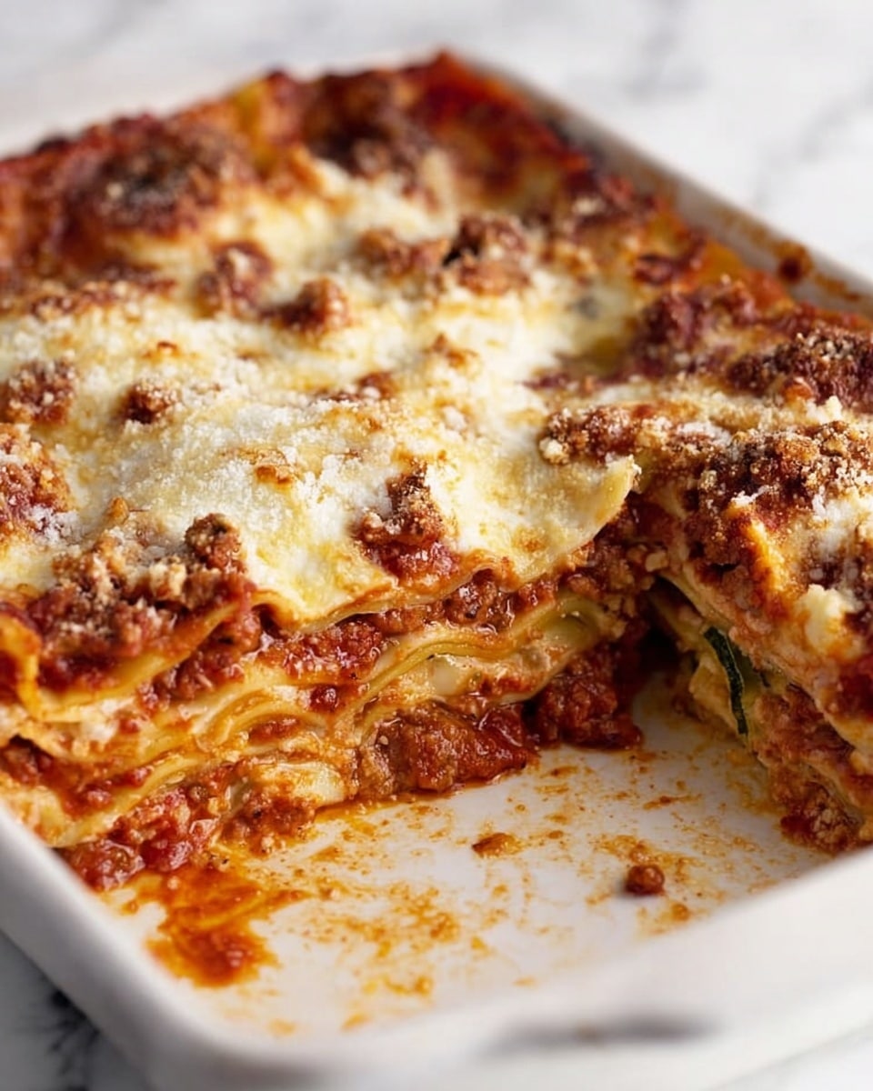 A close-up of a rectangular white ceramic dish filled with lasagna. The lasagna has multiple layers showing through the cut section at the front; the top layer is a golden-brown baked crust with small bits of browned cheese and crispy breadcrumbs. Beneath the top, there are visible layers of red tomato sauce mixed with melted white cheese, and thin layers of pasta sheets that have a light yellow color. The inside layers also reveal some cooked green vegetables. The surface beneath the dish is a white marbled texture. photo taken with an iphone --ar 4:5 --v 7