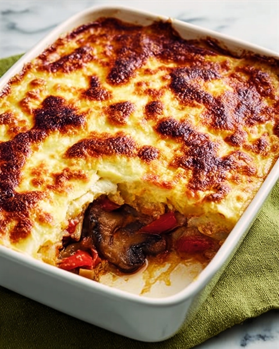 A white square baking dish filled with a layered casserole is shown on a green cloth over a white marbled surface. The top layer is golden brown melted cheese with dark browned spots, covering the entire dish except for one corner where it is cut away, revealing thick chunks of cooked vegetables including brown mushrooms and red bell peppers beneath. The cheese layer looks bubbly and crispy while the vegetables underneath have a rich, saucy texture. Photo taken with an iphone --ar 4:5 --v 7