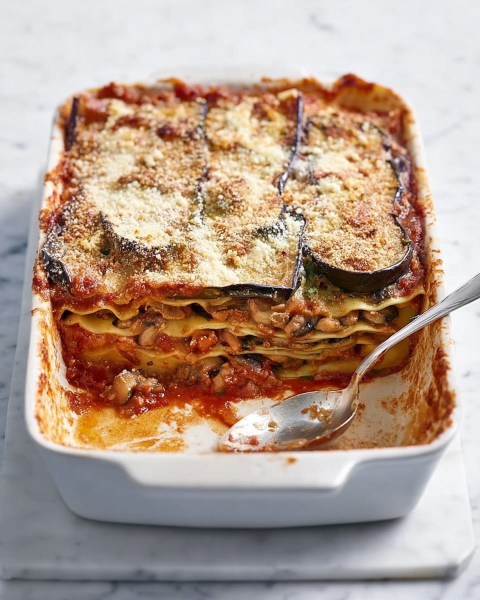A white rectangular baking dish holds a layered lasagna with visible layers of brown and green grilled eggplant slices on top, followed by a thick layer of melted cheese sprinkled with a light coating of grated cheese or breadcrumbs. Below this is a layer of broad flat pasta with a golden edge, tomato sauce, and small sliced mushrooms, giving a rich red and earthy brown color mix. The sides show gooey melted cheese and sauce dripping, adding texture and color contrast. A silver serving spoon rests inside the dish on the right side. The dish is placed on a white marbled surface. photo taken with an iphone --ar 4:5 --v 7