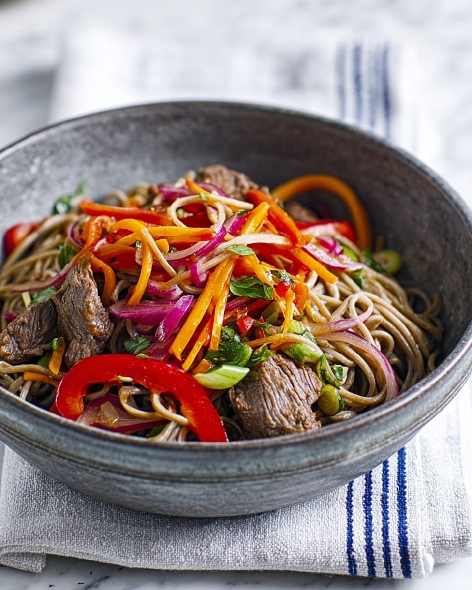 A close-up view of a gray metal bowl filled with a noodle dish, showing several layers: the base layer consists of brown soba noodles with a smooth texture, mixed with medium pieces of cooked brown beef scattered evenly. On top, colorful slices of red bell pepper, orange carrot strips, and green herbs add a fresh pop of color. Thin slices of red onion are mixed in, adding a slightly translucent purple hue. The bowl sits on a white cloth with blue stripes, all placed on a white marbled surface. Photo taken with an iphone --ar 4:5 --v 7