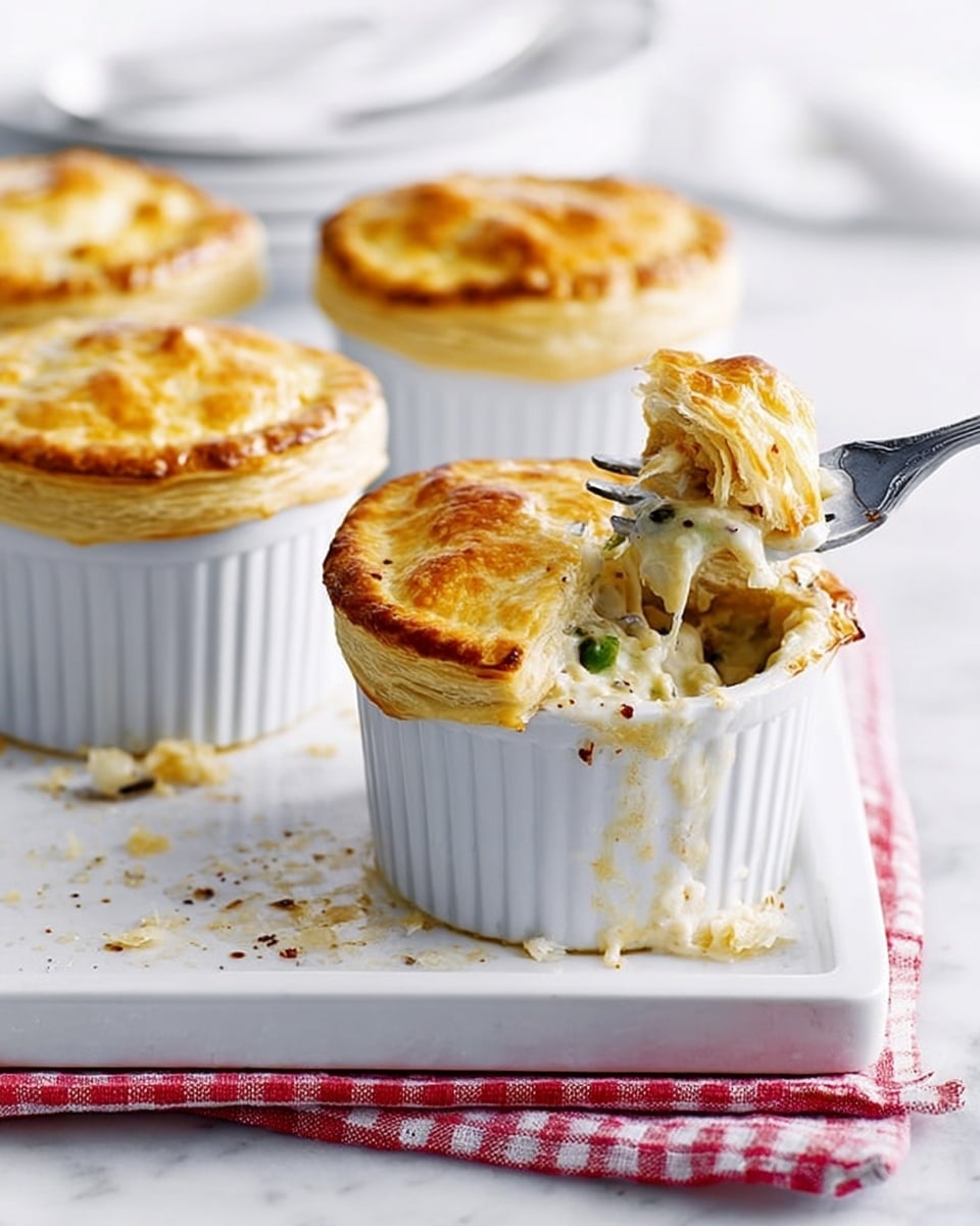 The image shows four small white ramekins with golden brown puff pastry crusts on top. One ramekin has its crust broken open with a silver fork lifting out a creamy, white, and slightly stringy filling mixed with small bits of green and black. The ramekins are placed on a white tray with some crumbs around them, and the tray is set on a white marbled surface with a red and white checkered cloth partially visible underneath. The background is soft and light, with a bright, clean look. photo taken with an iphone --ar 4:5 --v 7
