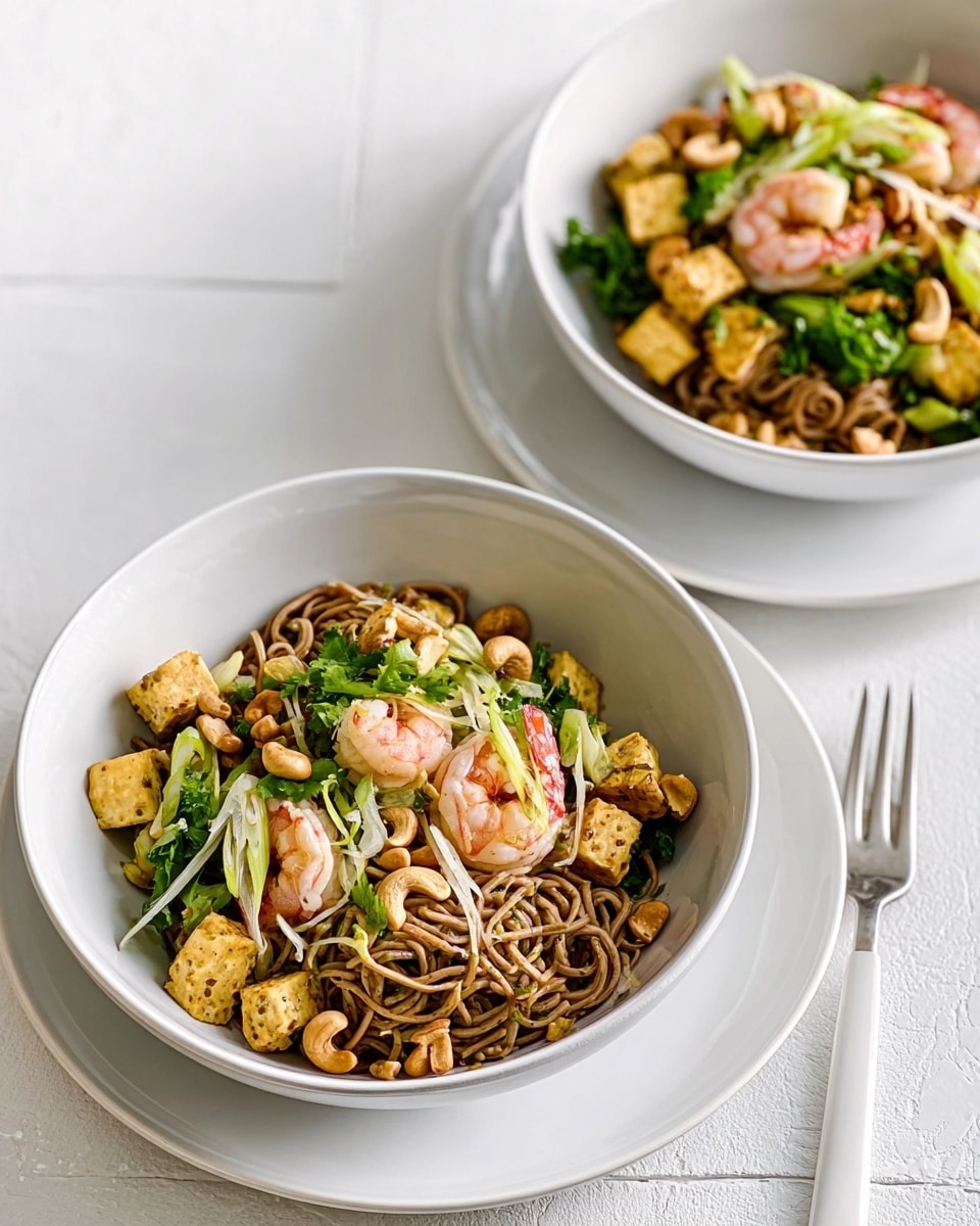 Two white bowls are placed on white plates on a white marbled surface. Each bowl contains a layered dish with brown noodles at the bottom, topped with pieces of light pink shrimp, small chunks of light tan fried tofu, and green leafy herbs. There are also white strips that look like sliced onions and light brown cashew nuts scattered on top. The textures vary from soft noodles to crunchy nuts and fresh herbs. A white fork lies beside the nearest bowl. Photo taken with an iphone --ar 4:5 --v 7