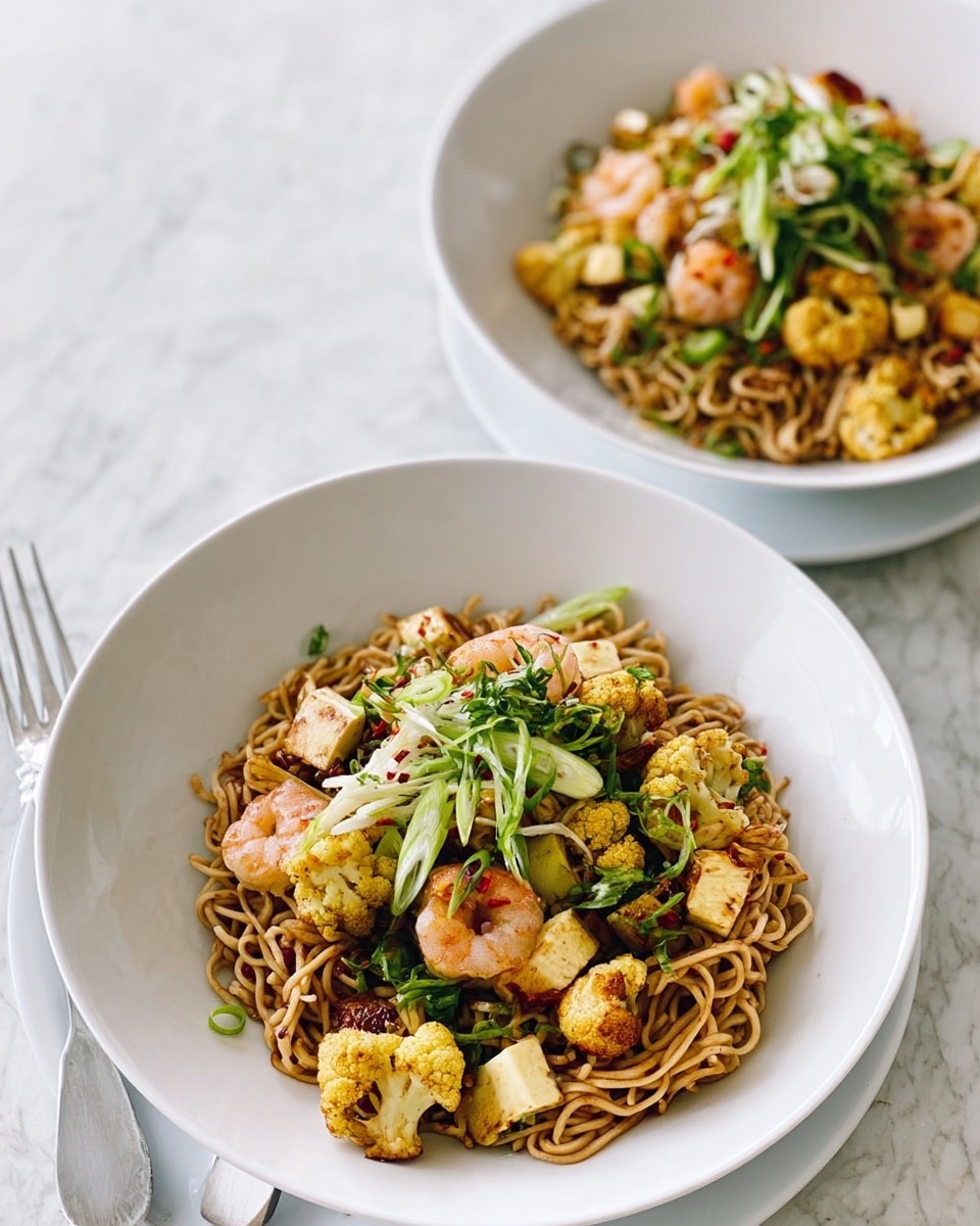 The image shows two white bowls filled with a layered noodle dish, placed on white plates. The bottom layer consists of cooked, light brown noodles with a slightly glossy texture. On top of the noodles are pieces of shrimp, golden fried cauliflower, and small chunks of light brown tofu, all scattered evenly. Green herbs and thin slivers of green onion sit on the very top, adding fresh color. The bowls rest on a white marbled surface, with a white fork placed beside one of the bowls. Photo taken with an iphone --ar 4:5 --v 7