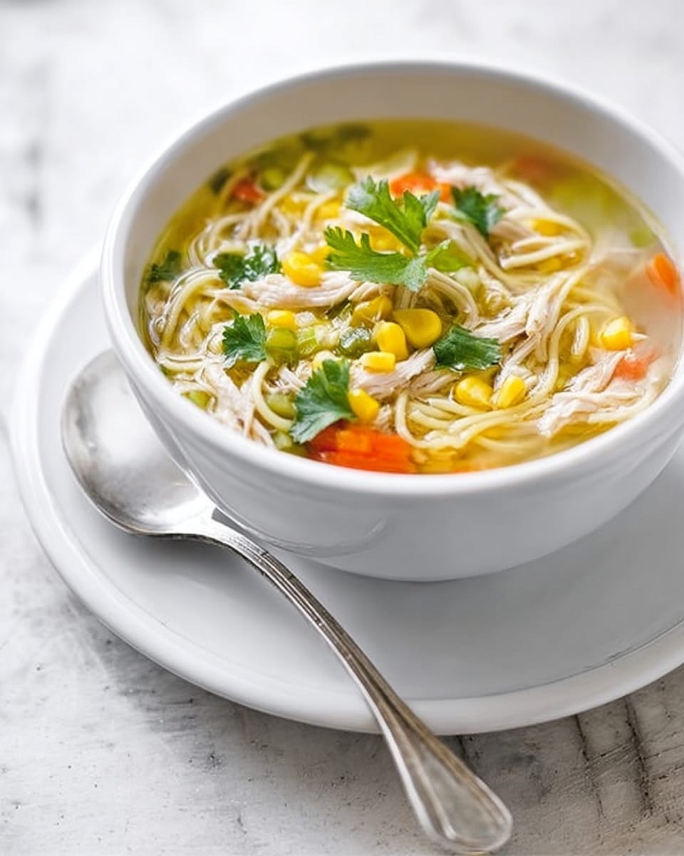 A white bowl filled with clear chicken noodle soup sits on a matching white plate, with a silver spoon resting on the plate’s edge. The soup has several layers: at the bottom is a light yellow clear broth, followed by thin yellow noodles tangled and spread across the bowl. On top of the noodles are small pieces of shredded white chicken, bright orange carrot slices, yellow corn kernels, and green celery slices. Fresh green parsley leaves float on the surface, adding color contrast. The bowl and plate rest on a white marbled surface. Photo taken with an iphone --ar 4:5 --v 7