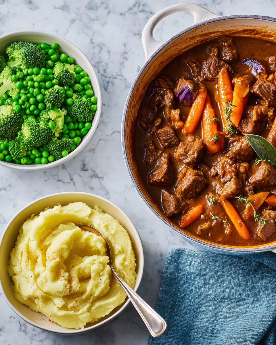 A white pot filled with a thick stew showing three layers: dark brown beef cubes and orange carrot sticks on the top layer, mixed with some purple onion pieces and bay leaves, all immersed in a rich brown sauce; beside it, a white bowl holds creamy mashed potatoes with a curved smooth texture and a spoon resting inside; another white bowl contains bright green peas and broccoli florets, giving a fresh and textured look; all placed on a white marbled surface with a blue cloth partly under the pot. Photo taken with an iphone --ar 4:5 --v 7
