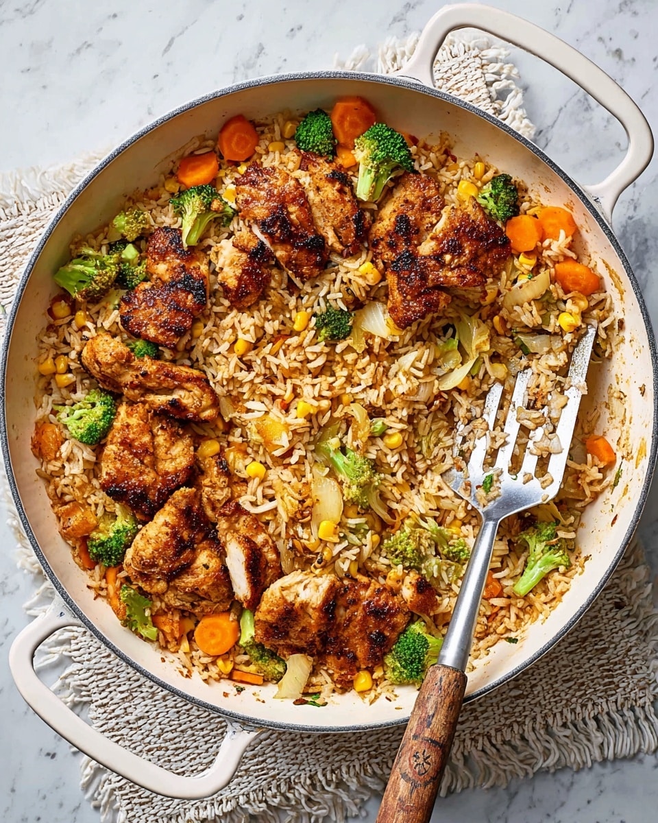 In a white round pan with two handles, there is a cooked dish made of several layers mixed together, starting with a base of light brown rice scattered with pieces of yellow corn and translucent cooked onions. On top of this rice layer, there are small bright green broccoli florets and orange carrot slices placed evenly around the pan. There are also dark brown, grilled chicken pieces that rest on the rice and vegetables, each piece showing a crispy texture with grill marks. A metal slotted spatula with a worn wooden handle is placed inside the pan on the right side, resting on the food. The pan is placed on a white marbled surface with a woven white cloth partly under the pan. photo taken with an iphone --ar 4:5 --v 7