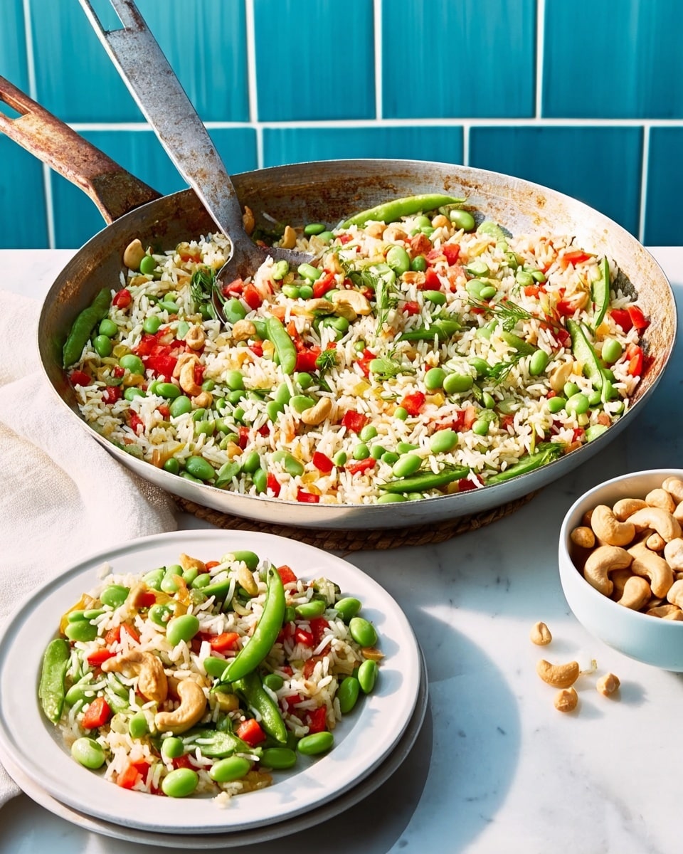 A large pan filled with a colorful vegetable rice dish sits on a white marbled surface. Inside the pan, the bottom layer is mixed white rice with a soft texture, scattered evenly. On top of the rice, there are bright green snap peas and edamame beans giving a fresh, crunchy look. Small diced red bell peppers add vibrant red spots throughout. To the right, a white plate holds a serving of the same dish, showing the mix of colors clearly. Next to the plate, there is a small white bowl with light brown cashew nuts. A rustic metal spoon with a worn handle rests inside the pan, ready to serve. The background is a blue tiled wall giving a clean, fresh feeling. Photo taken with an iphone --ar 4:5 --v 7