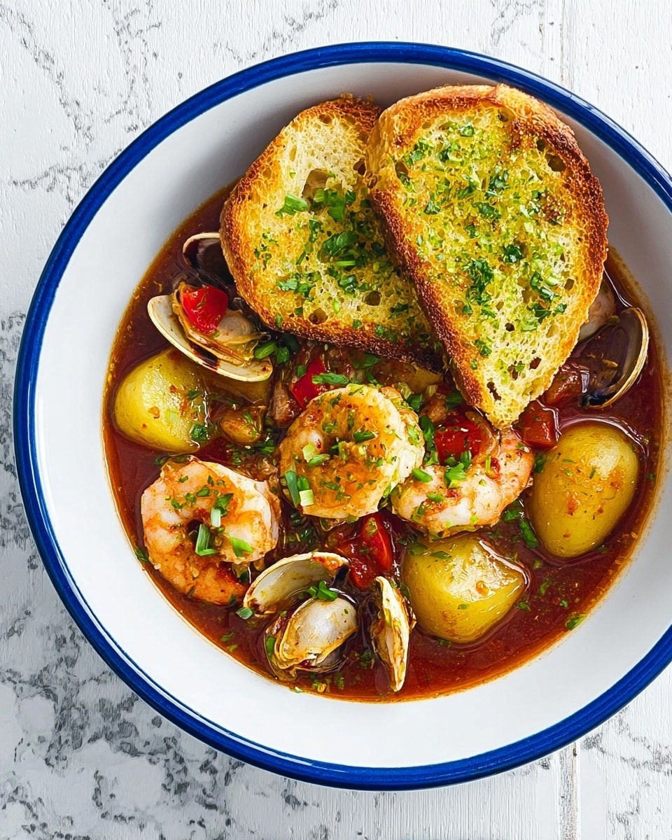 A white bowl with a blue rim holds a seafood stew with several layers: a dark red broth at the base, topped with light yellow small potatoes, pink shrimp, green-sprinkled golden garlic toast resting on top, and pieces of red pepper and shellfish scattered around. The bowl sits on a white marbled surface. Photo taken with an iphone --ar 4:5 --v 7