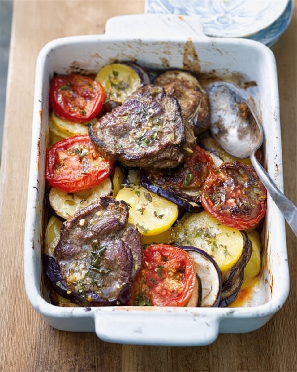 The image shows a white square ceramic baking dish filled with a layered meal. The bottom layer is made up of golden yellow potato slices, followed by a layer of round purple eggplant slices, and topped with red tomato slices. On top of the vegetables, there are three large pieces of cooked brownish-gray meat with some green herbs sprinkled over them. A silver spoon rests inside the dish on the right edge. The dish is set on a wooden surface, but the background is replaced with a white marbled texture. Photo taken with an iphone --ar 4:5 --v 7