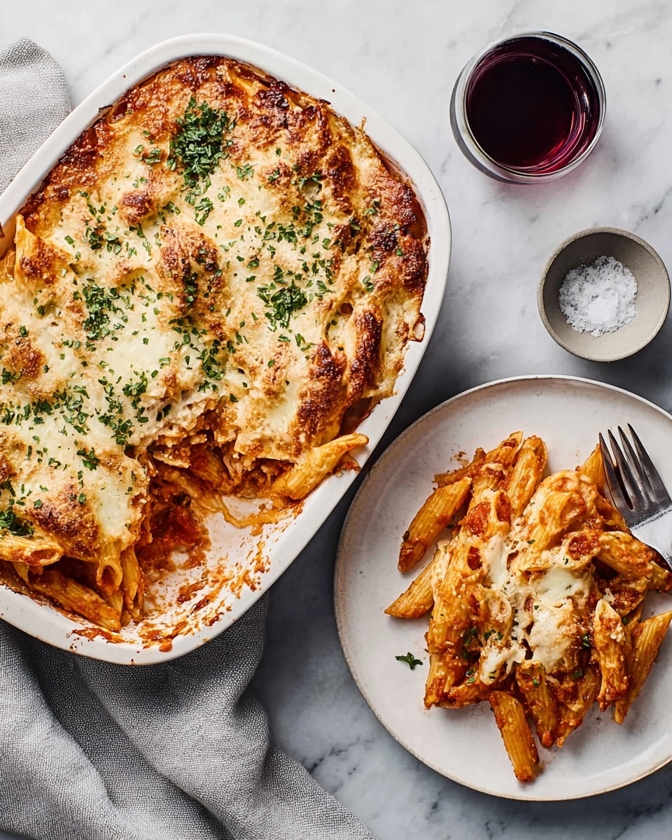 The image shows a white baking dish filled with baked pasta covered in melted cheese that is golden brown and bubbly on top, sprinkled with chopped green herbs. The pasta underneath looks red from tomato sauce and is slightly visible where cheese is pulled away. Next to the baking dish, there is a white plate with a serving of pasta, coated with the same red sauce and melted cheese, showing a mix of smooth and crispy textures. A woman's hand is holding a fork resting on the plate, and the background is a white marbled surface with a light gray cloth and a small glass of dark red drink along with a small white bowl of coarse salt. Photo taken with an iphone --ar 4:5 --v 7