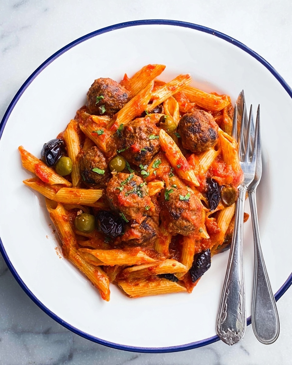 A white plate with a blue rim is filled with three layers of food: the top layer shows bright red penne pasta covered in a thick tomato sauce mixed with dark brown meatballs evenly spread across, the middle layer contains dark black olives and green capers adding texture, and the bottom layer is a mix of little pieces of tomato and sauce coating the pasta well. A silver fork and knife rest on the right side of the plate on a white marbled surface. photo taken with an iphone --ar 4:5 --v 7