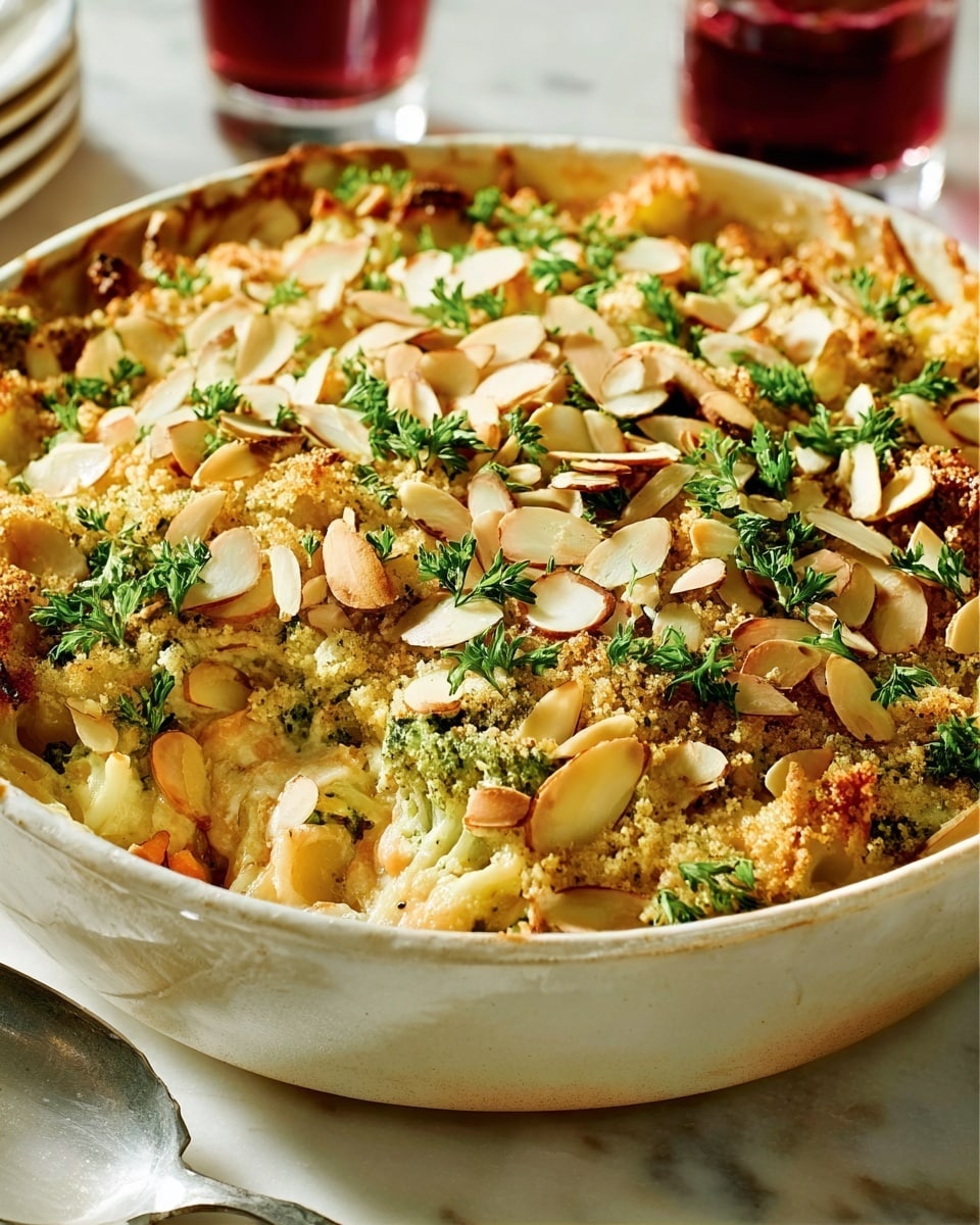 A close-up image shows a creamy casserole in a round white ceramic dish. The top layer is golden and covered with green herbs, thinly sliced almonds, and bits of chopped vegetables. Visible on the side is a mix of white sauce and baked pasta beneath the topping. The dish sits on a white marbled surface with a glass of red liquid in the background and a silver spoon nearby. Photo taken with an iphone --ar 4:5 --v 7