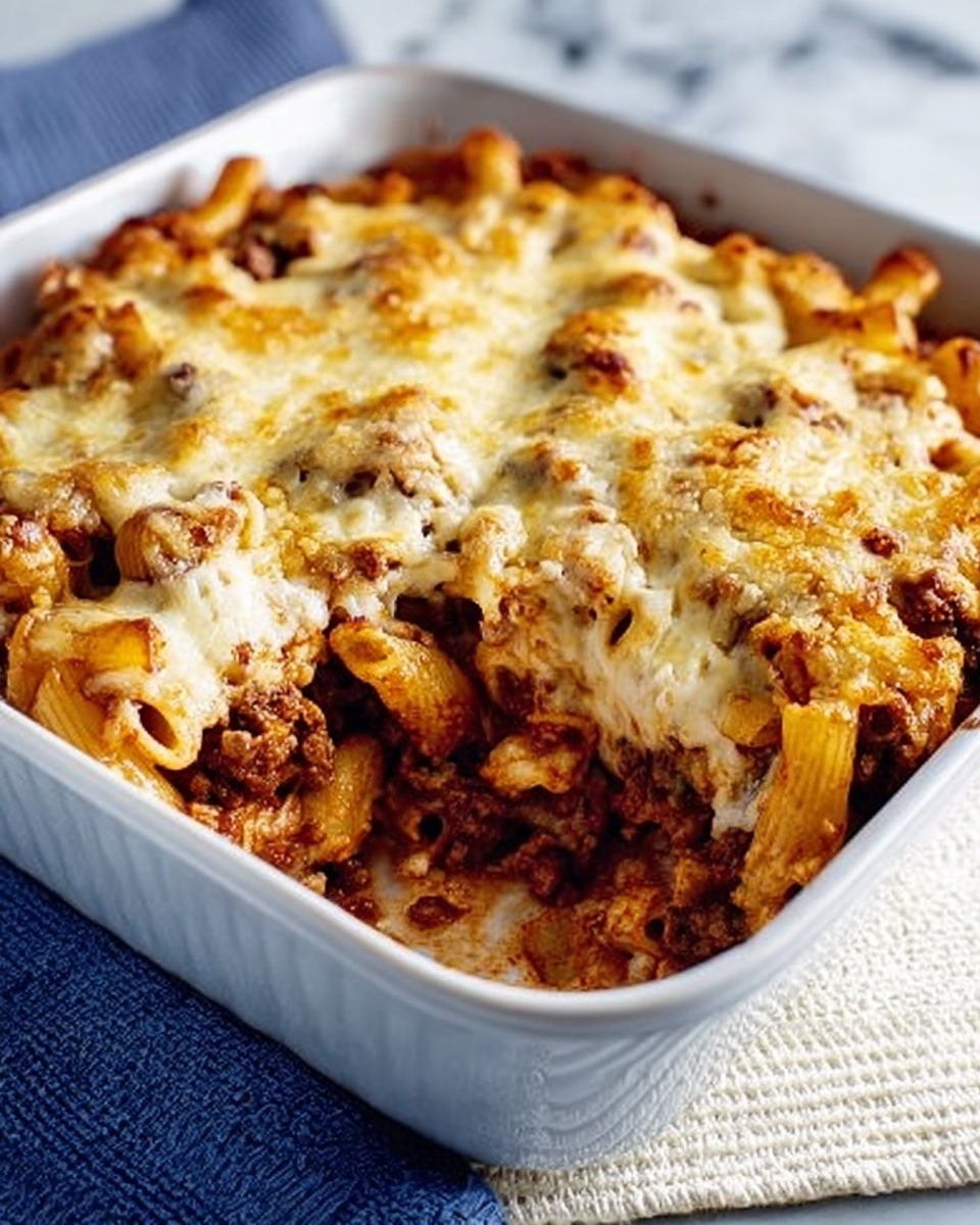 A white square dish filled with baked pasta casserole. The bottom layer is dark brown ground meat sauce mixed with small pasta pieces, mostly tube-shaped. On top, there is a thick layer of melted cheese that is golden brown with some slightly burnt edges and bubbly texture. The dish is placed on a white textured mat and a blue cloth is beside it, all set on a white marbled surface. photo taken with an iphone --ar 4:5 --v 7