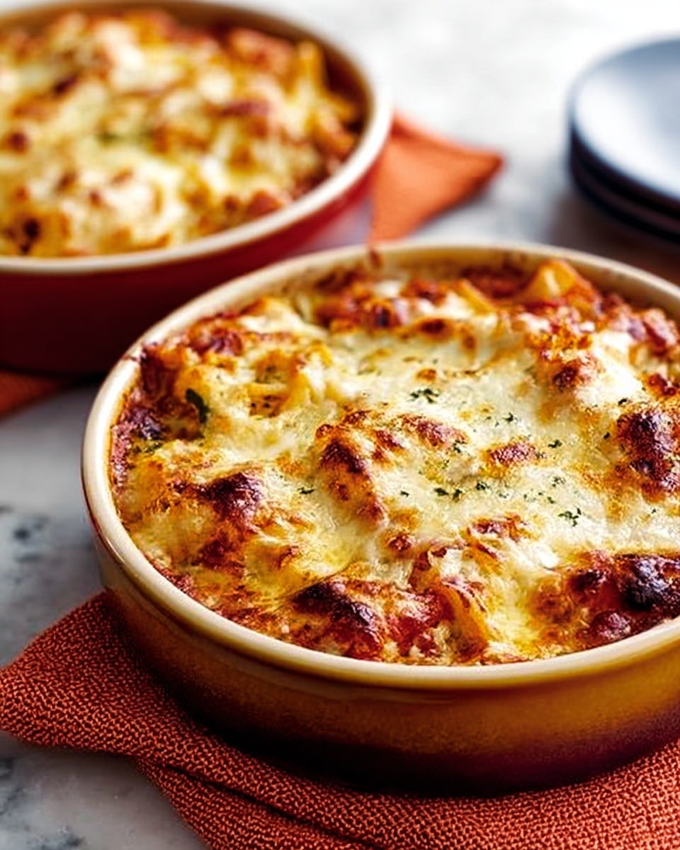 The image shows two round baked dishes placed on a white marbled surface, each filled with a rich, layered baked pasta or lasagna. The visible dish in front has layers of golden melted cheese on top, slightly browned around the edges, with pieces of pasta and red sauce beneath, giving a textured look of melted cheese mixing with tomato and possibly meat or vegetables. The second dish in the background has a similar appearance with melted cheese, tomato sauce, and pasta, both dishes resting on orange textured cloths. The overall colors are warm with golden yellow cheese, red sauce, and light brown baked pasta. Photo taken with an iphone --ar 4:5 --v 7