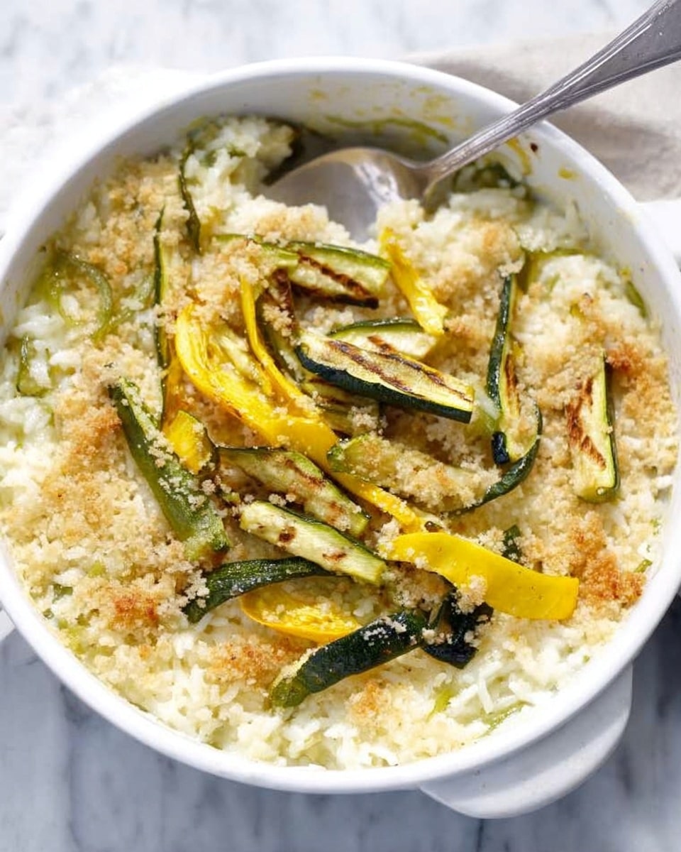 A white round casserole dish filled with a baked rice dish. The bottom layer is creamy white rice with a soft texture, topped with a crumbly golden brown topping. On top, grilled pieces of zucchini and yellow squash are placed, showing char marks and a mix of green and yellow colors with a slightly crispy texture. A large silver spoon rests on the side inside the dish. The dish is placed on a white marbled surface. Photo taken with an iphone --ar 4:5 --v 7