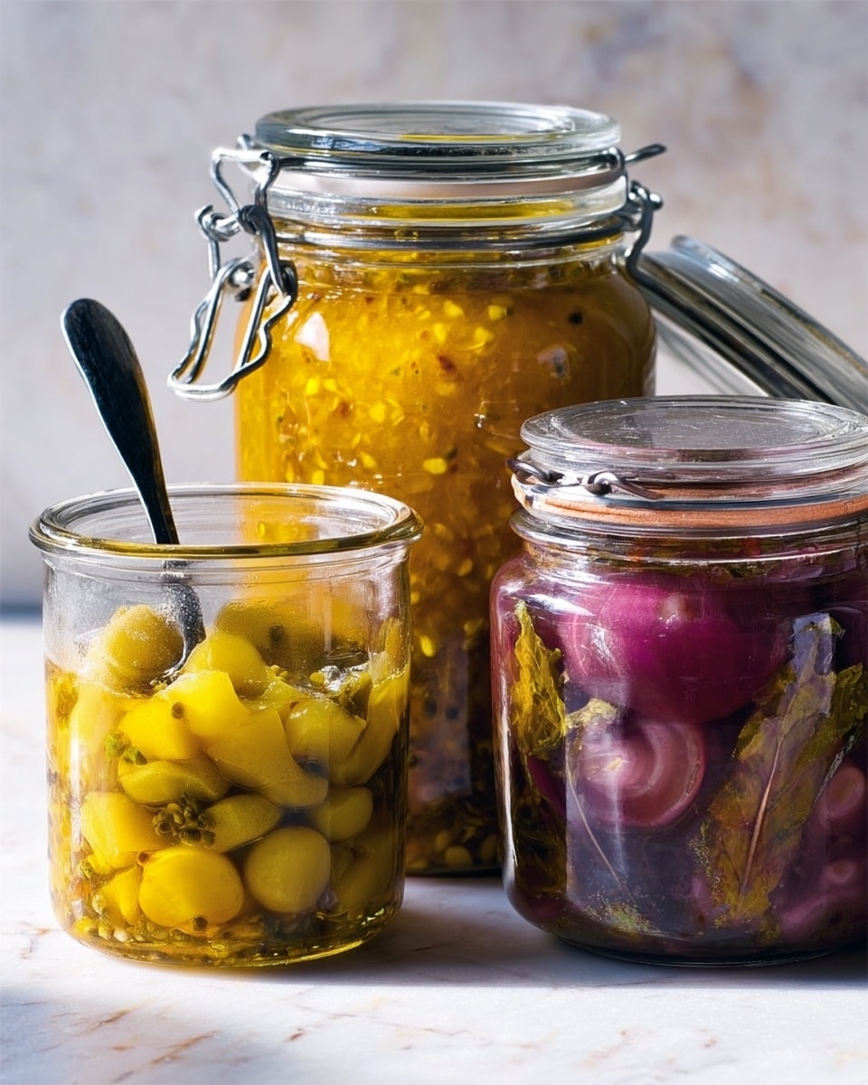 The image shows three glass jars filled with pickled vegetables placed on a white marbled surface. The jar on the left is short and wide with a spoon inside, filled with yellow pickled pieces that have a slightly chunky texture. The middle jar is taller with a clamp lid, holding a thick yellow mixture with visible seeds and small chunks. The jar on the right is shorter with a round lid off to the side in front of it, filled with dark pinkish-purple pickled vegetables with a smooth texture, some leafy greens visible inside. The lighting highlights the shiny glass and textures inside each jar, making the colors look bright and appetizing. Photo taken with an iphone --ar 4:5 --v 7