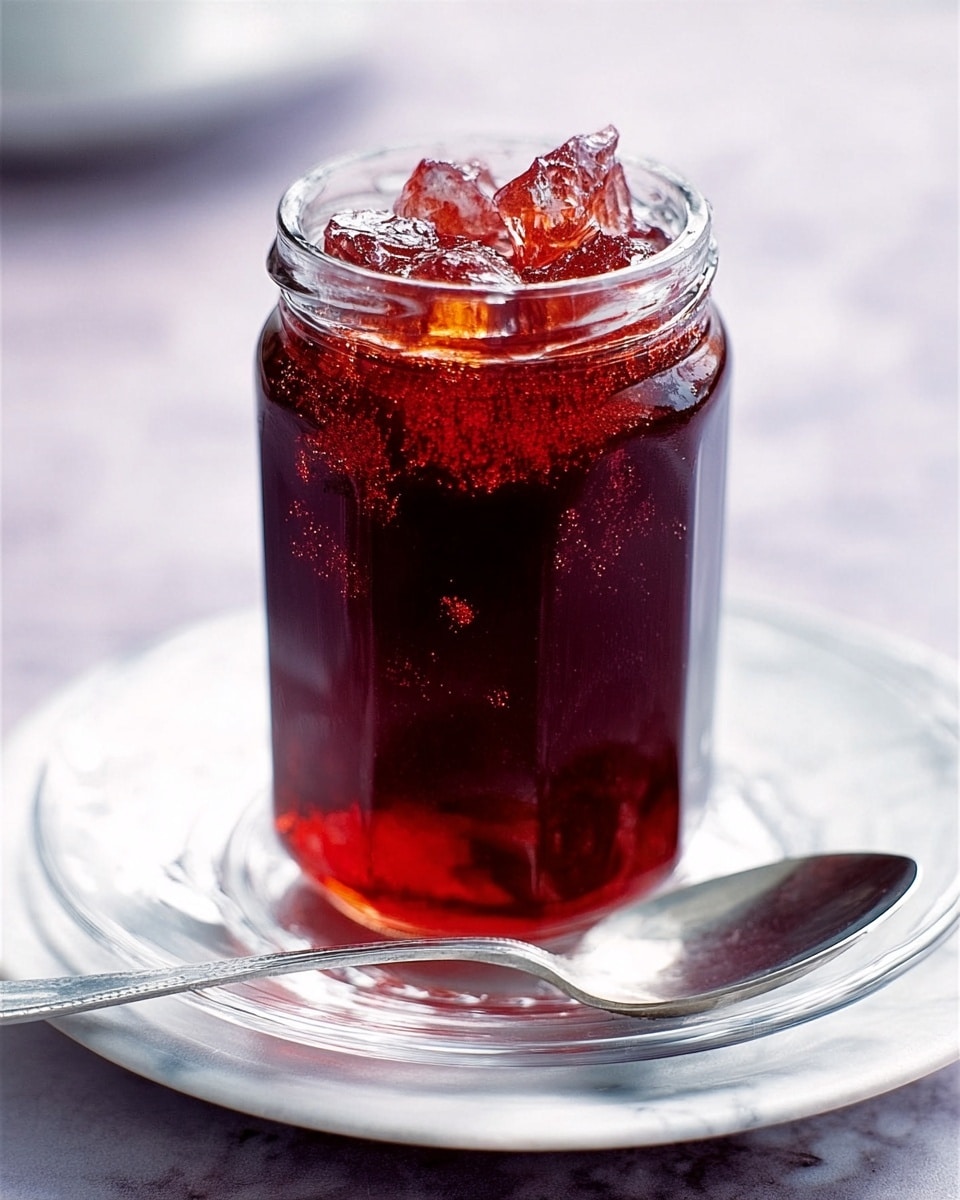 The image shows a tall glass jar filled with a deep red jelly that is smooth with some glossy chunks on top, giving a textured look. The jar is placed on a clear white plate with a reflective silver spoon resting on the side. The background features a soft focus with light purple tones and a white marbled surface under the plate. The glass catches light, showing shine and transparency. Photo taken with an iphone --ar 4:5 --v 7