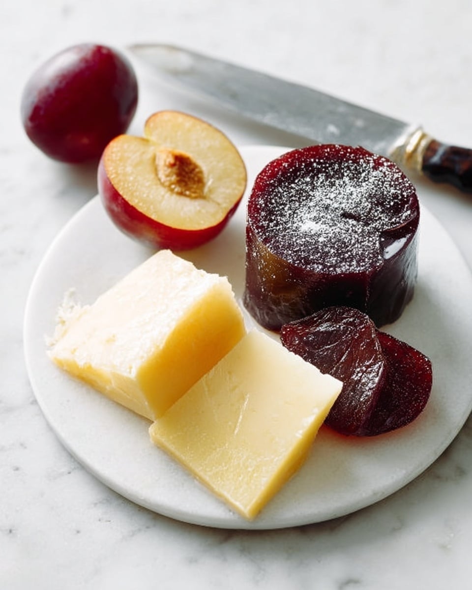 The image shows a white plate holding a small stack of three main items: at the back is a thick, glossy, dark red fruit paste roll with a slightly glossy texture and some powdered sugar dusted on top; in front of the fruit roll are two pale yellow cheese wedges, one larger and one smaller, with a smooth yet slightly grainy texture; a thin slice of the dark red fruit paste is placed on the smaller cheese wedge. To the left of these, there is a whole small red plum and a plum cut in half showing its light yellow inside and pit. To the right of the plate, a silver knife with a dark handle rests on the white marbled surface. Photo taken with an iphone --ar 4:5 --v 7