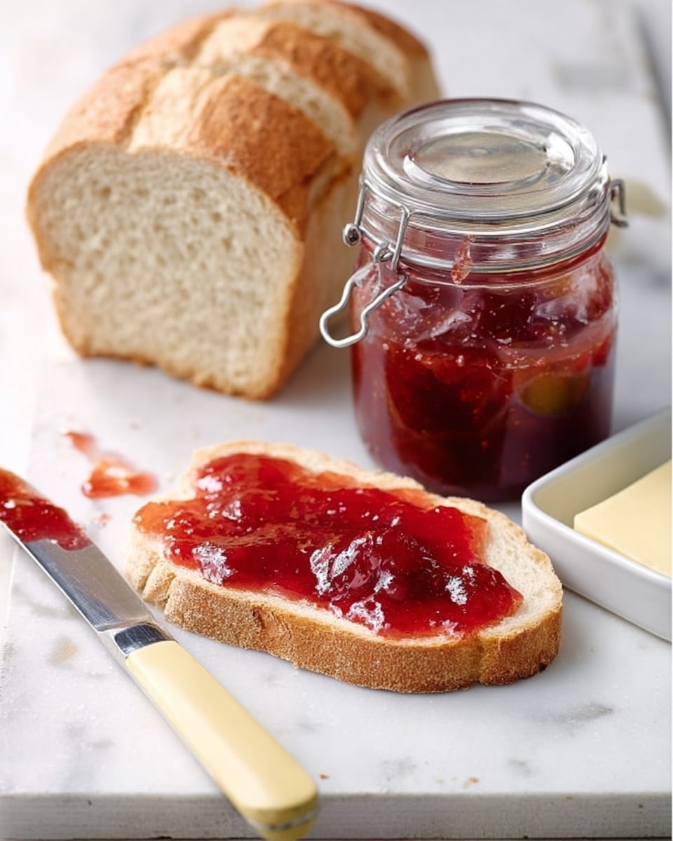 The image shows a white marbled surface with a loaf of sliced white bread at the back left. In front of the loaf, there is one slice of bread spread with thick, shiny red jam that contains whole pieces of fruit. To the right of the slice, there is a glass jar filled with the same red jam and its lid open, resting beside it. In the top right corner, a white dish holds a rectangular piece of butter. A knife with a pale yellow handle lies flat on the surface in front of the slice, with some jam on its blade. Photo taken with an iphone --ar 4:5 --v 7