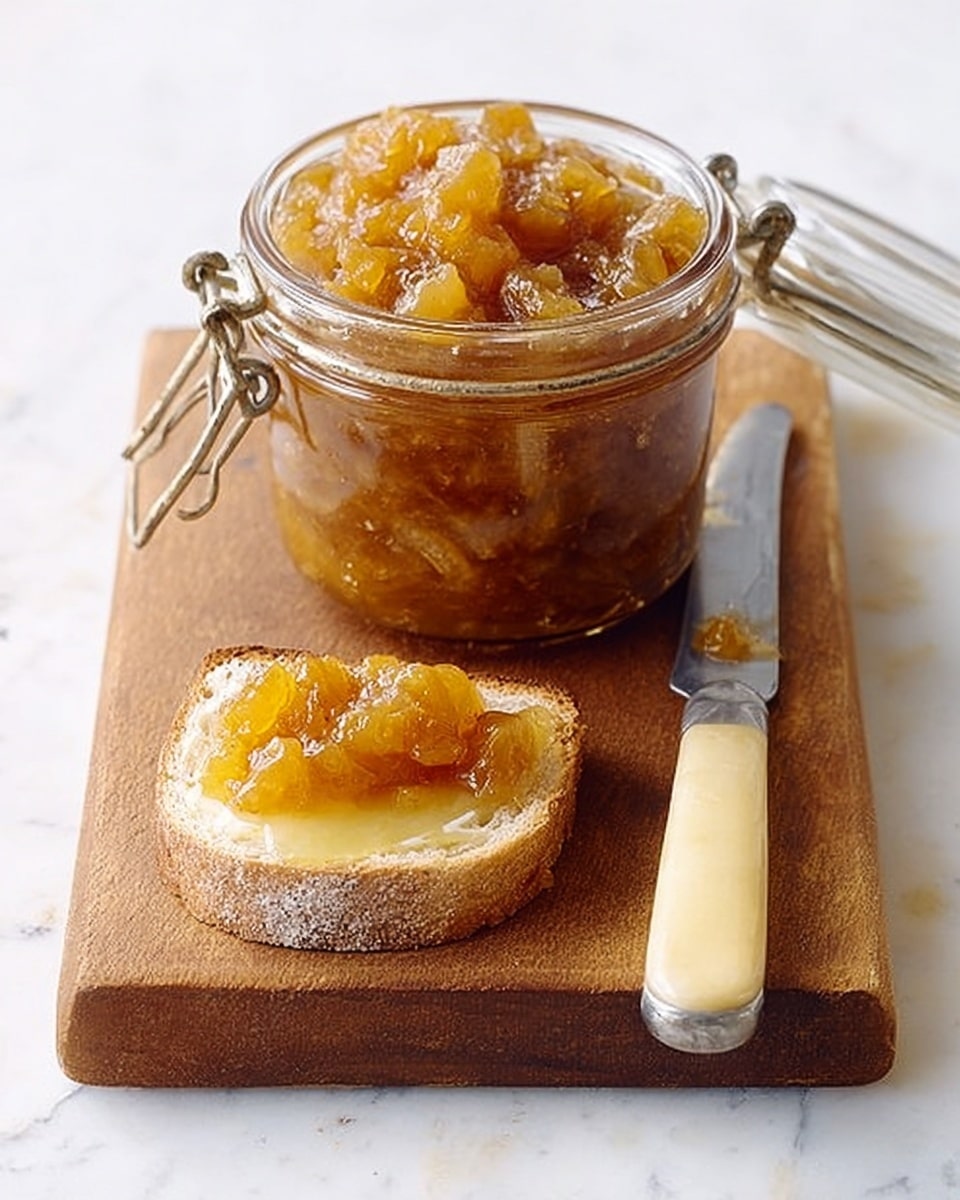 A clear glass jar with a metal latch is filled with a chunky golden-brown fruit preserve that has small, soft pieces visible in syrup. The jar sits on a wooden cutting board atop a white marbled surface. In front of the jar, a thick slice of crusty bread is spread with pale yellow butter and topped with some of the fruit preserve. A silver knife with a cream-colored handle, partly covered with preserve, rests next to the bread on the board. photo taken with an iphone --ar 4:5 --v 7