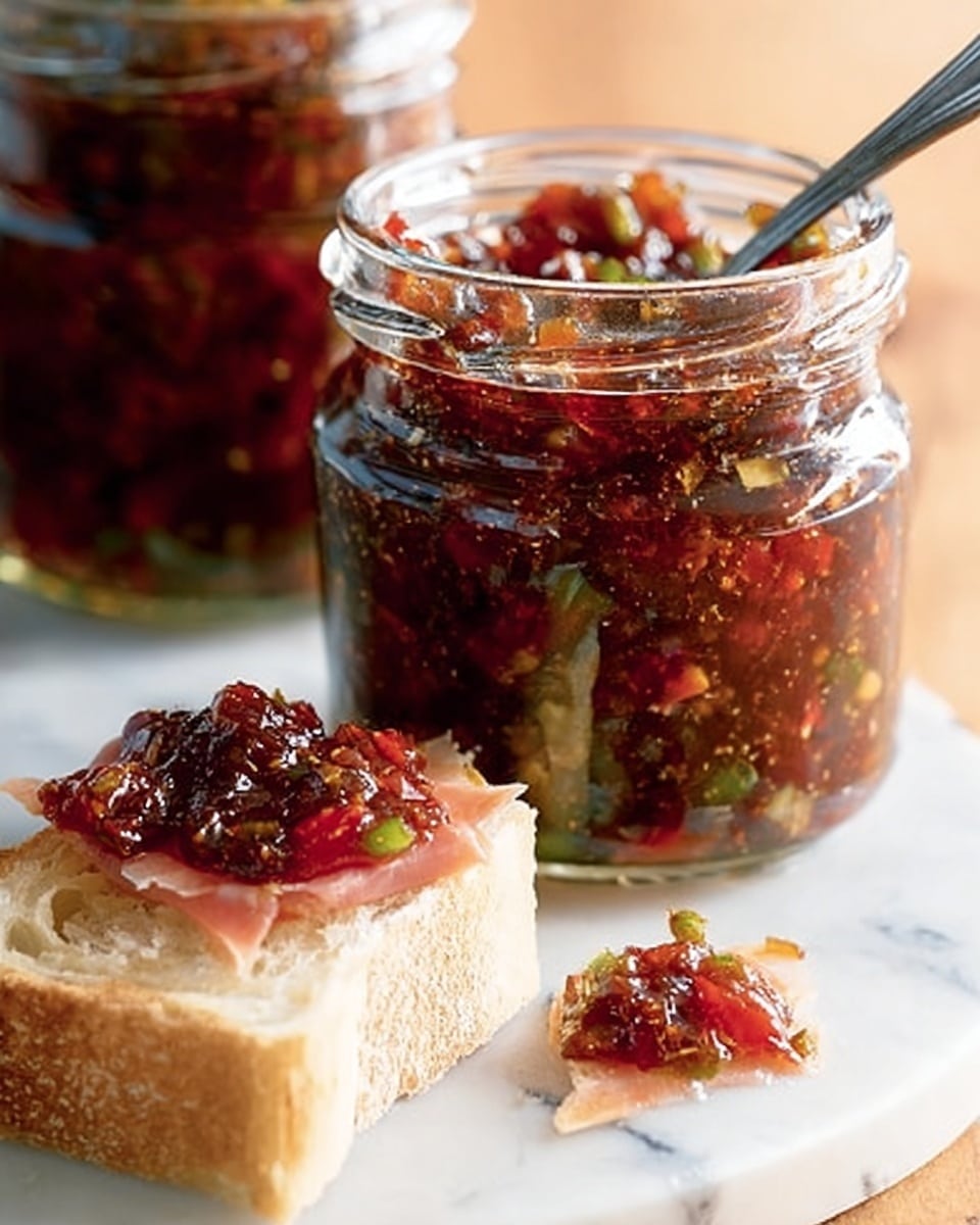 The image shows a clear glass jar filled with a chunky, dark red chutney that has visible bits of green and red pieces inside. A metal spoon sticks out from the jar, resting on the rim. Behind it, another jar is partially seen, filled with the same chutney. In front of the jars, there is a small white slice of crusty bread topped with a layer of thin pale ham and a generous spoonful of the chutney, with some chutney spilled slightly onto the white marbled surface underneath. photo taken with an iphone --ar 4:5 --v 7