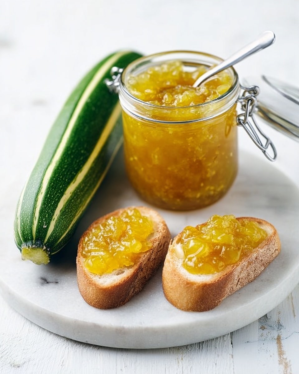 A round white marble tray holds a whole green zucchini with light stripes on the left side, next to a clear glass jar filled with yellow chunky jam, with a metal clasp and a metal spoon inside. In front of the jar, two pieces of toasted bread with a golden crust are placed, each topped with the same yellow chunky jam. The background is a white marbled texture. photo taken with an iphone --ar 4:5 --v 7