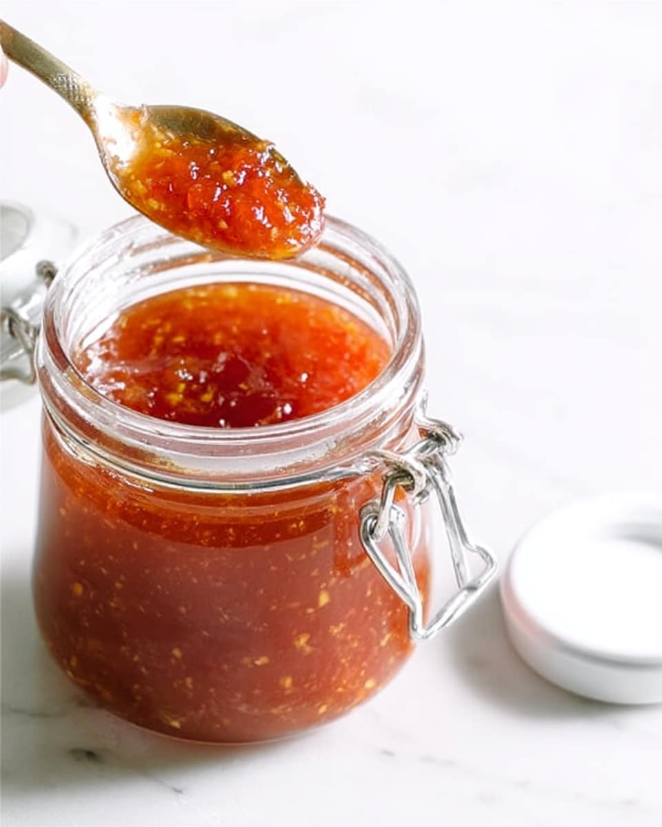 A clear glass jar with a silver metal latch is filled with thick, orange-red jam that has small bits of fruit visible inside. The jar is open, with its white lid resting nearby on a white marbled surface. Above the jar, a woman's hand holds a silver spoon covered in the sticky, textured jam, showing its glossy and slightly chunky consistency. The background is plain white, keeping all attention on the jar and spoon of jam. photo taken with an iphone --ar 4:5 --v 7