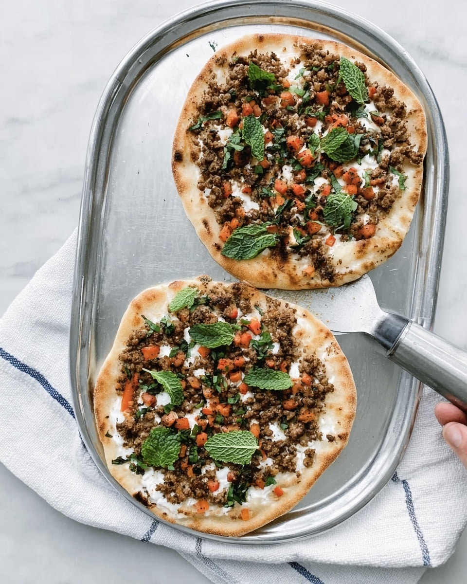 Two round flatbreads sit on a shiny silver tray over a white towel with a blue stripe, all placed on a white marbled surface. Each flatbread has a golden brown crust with an uneven edge. The topping is a layer of cooked ground meat mixed with small pieces of orange carrot, sprinkled with bits of white cheese and fresh green mint leaves. A woman's hand holds a shiny metal spatula under the top flatbread. Photo taken with an iphone --ar 4:5 --v 7