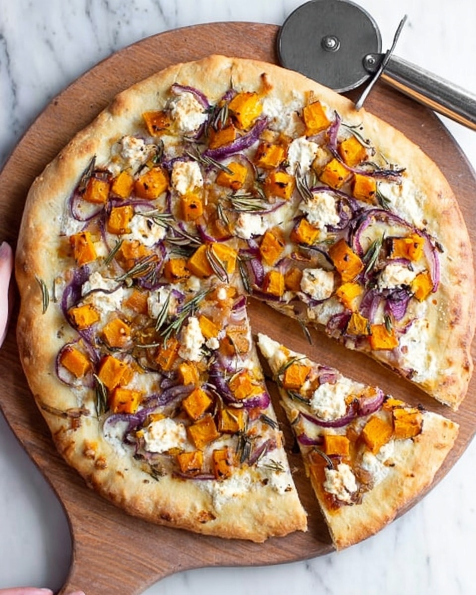 A round pizza with a thick golden-brown crust rests on a wooden board placed on a white marbled surface. The pizza has three main layers visible: the base layer is flatbread dough, topped with a spread of creamy white cheese dollops scattered across; the middle layer shows evenly spread bright orange cubes of roasted butternut squash; and the top layer consists of thinly sliced purple-red onion rings and small green sprigs of rosemary, adding color contrast and texture. One slice is cut and slightly pulled away from the rest, showing the thickness and toppings clearly. A metal pizza cutter with a wooden handle is placed near the top right corner, and a woman's hand is partly visible holding the board. Photo taken with an iphone --ar 4:5 --v 7