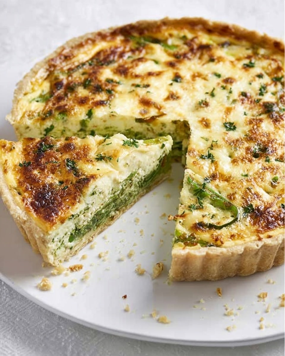 A round quiche with a golden-brown top layer showing melted cheese with small browned spots, speckled with green herbs and slices of green vegetables. The quiche is cut to reveal a thin, light-brown crust at the bottom, a thick green vegetable layer in the middle, and a creamy, slightly yellow egg mixture filling on top. It sits on a white plate with a few crumbs nearby on a white marbled textured surface. photo taken with an iphone --ar 4:5 --v 7
