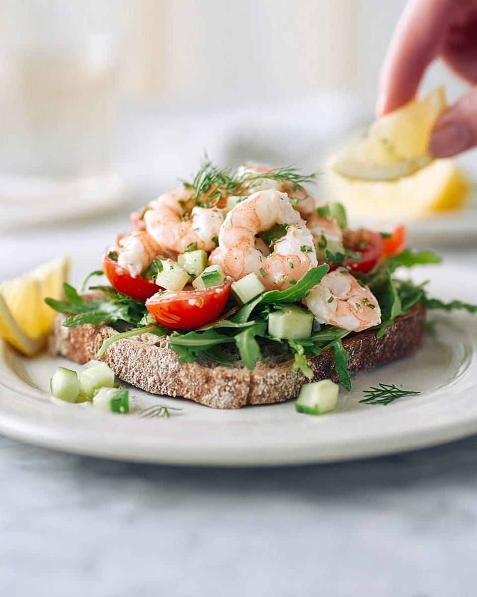 A white plate on a white marbled surface holds an open sandwich. The base layer is a thick slice of brown rustic bread with a rough texture. On top, there is a bed of dark green leafy arugula. Above the greens, halved cherry tomatoes showing red interiors are spread evenly. Small pieces of diced cucumber add a fresh green touch scattered around. Pink shrimp are piled on top, some resting on the bread and others on the vegetables. To the side of the plate, there are lemon wedges with bright yellow skin. A woman's hand is placing one lemon wedge on the plate. The background is softly blurred and bright. Photo taken with an iphone --ar 4:5 --v 7
