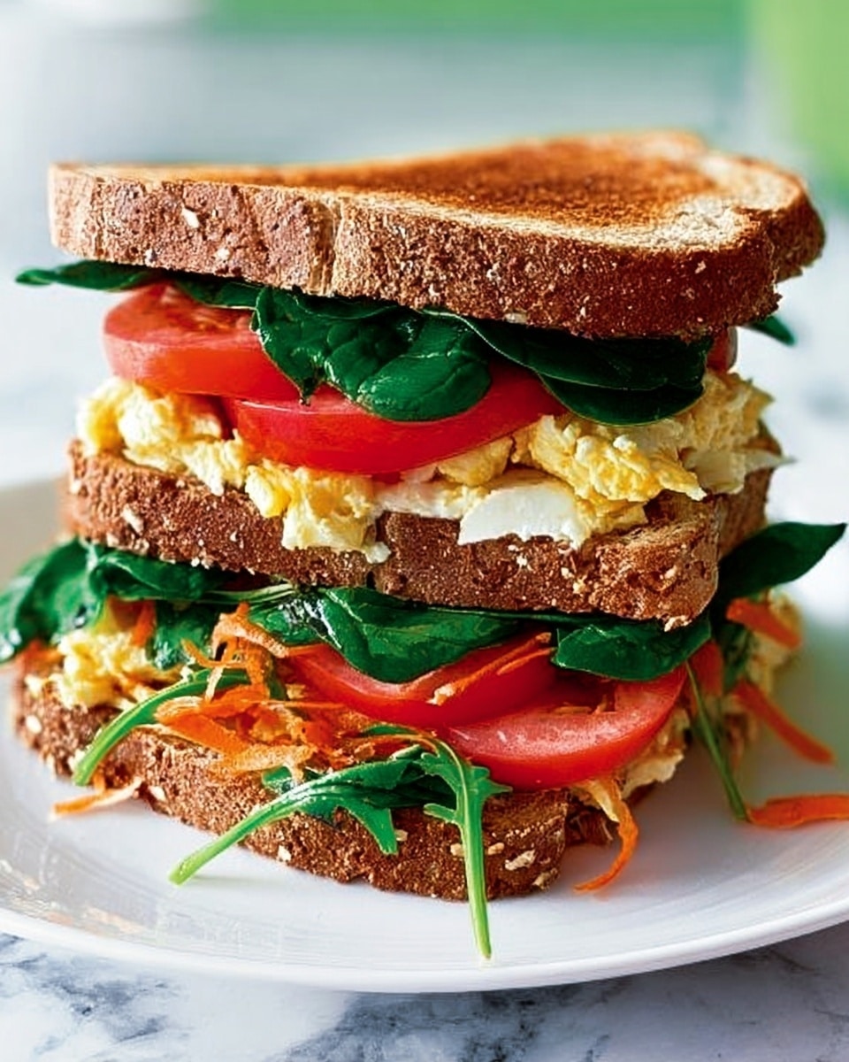 A sandwich is shown on a white plate placed on a white marbled surface. The sandwich has three layers of toasted brown bread with visible grains. The bottom layer is a slice of bread topped with dark green leafy spinach and thin slices of red tomato. The middle layer includes scrambled eggs with a slightly yellow and soft texture, along with some finely shredded orange carrot. The top layer adds more dark green spinach leaves and another slice of red tomato, all covered by the final toast slice. The sandwich looks thick and fresh, with the colors of the greens, reds, and yellows standing out. Photo taken with an iphone --ar 4:5 --v 7