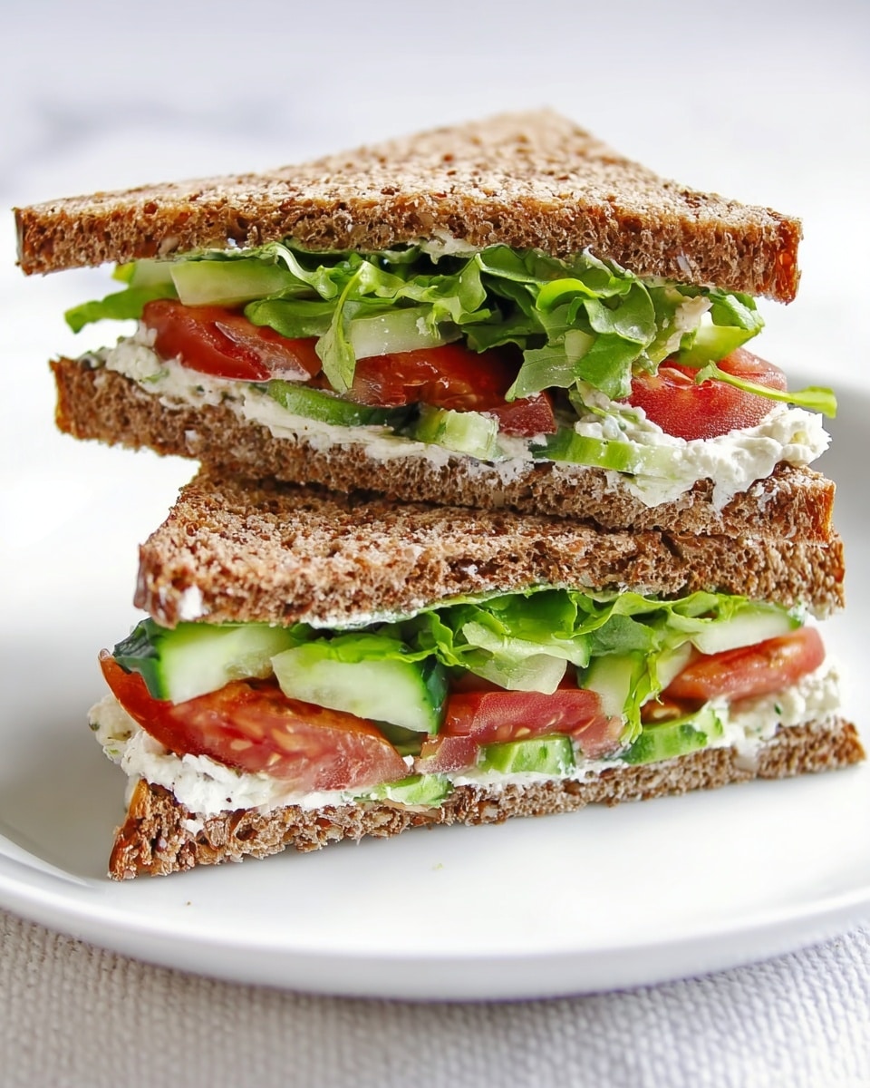 The image shows two triangular sandwich halves stacked slightly apart on a white plate, placed on a white marbled textured surface. Each sandwich has three layers of dark, grainy, and porous bread. Between the bread layers, the first layer includes green lettuce and thick white cream or mayonnaise. The second layer contains fresh, bright red tomato slices, green leafy lettuce, and cucumber slices with a shiny texture. The overall look is fresh with a mix of dark brown bread and colorful crisp vegetables. Photo taken with an iphone --ar 4:5 --v 7