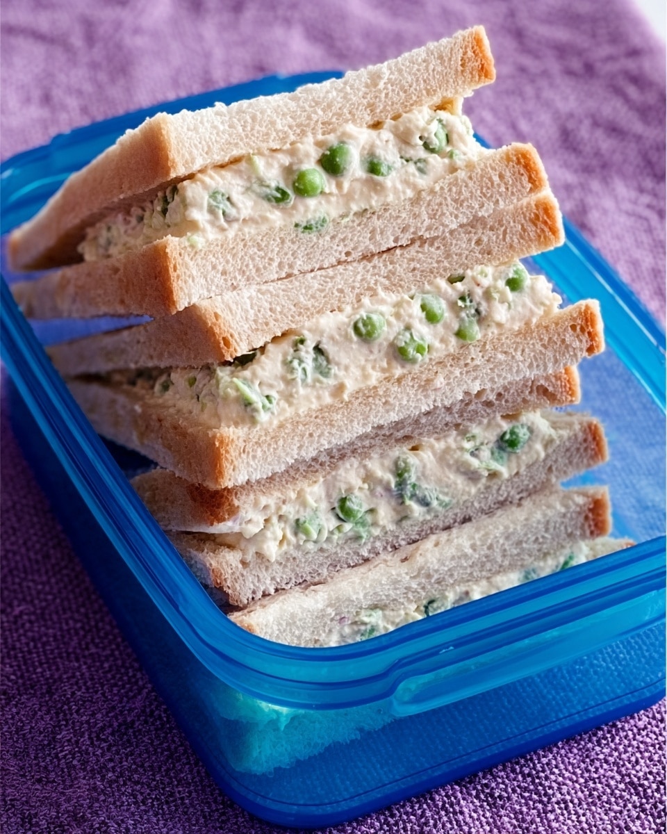 The image shows a stack of four triangular sandwiches inside a blue plastic container. Each sandwich has two layers of light brown bread with a creamy white filling containing small green pieces, likely peas or chopped vegetables. The sandwiches are neatly arranged in a row, leaning against each other, showing the filling clearly between the slices. The container is placed on a purple textured cloth, but this should be imagined as a white marbled surface. photo taken with an iphone --ar 4:5 --v 7