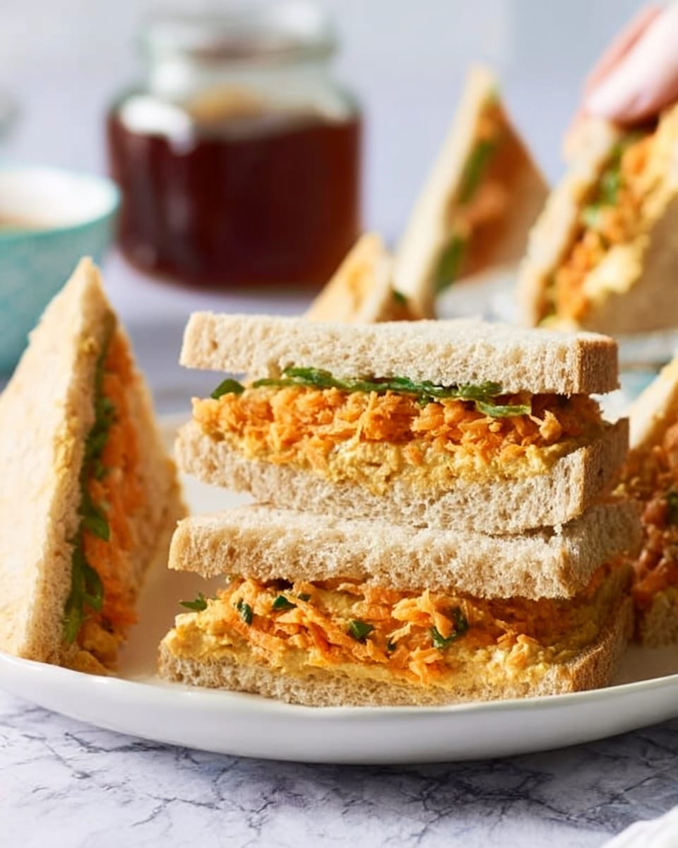 The image shows a white plate with four triangle-shaped sandwiches stacked in two layers. Each sandwich has two pieces of light brown bread with a soft texture. Between the bread layers, there is an orange layer of shredded carrot mixed with green herb bits, and a thin spread of a yellowish filling, possibly butter or cheese. In the background, there is a glass jar with a dark brown liquid and a white marbled surface under the plate. A woman's hand is gently holding one sandwich on the left side. photo taken with an iphone --ar 4:5 --v 7