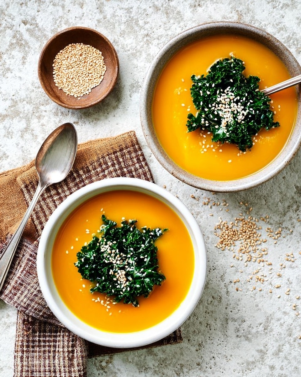 Two white bowls filled with smooth bright orange soup are placed on a white marbled texture. Each bowl has a layer of dark green leafy kale in the center, sprinkled with small white and light brown sesame seeds. One bowl rests on a folded brown and white checkered cloth with a silver spoon inside, while a vintage silver spoon lies beside the other bowl. A small bowl containing more sesame seeds is nearby, with some seeds scattered around. The scene is bright and clean, showing a simple, fresh presentation. photo taken with an iphone --ar 4:5 --v 7