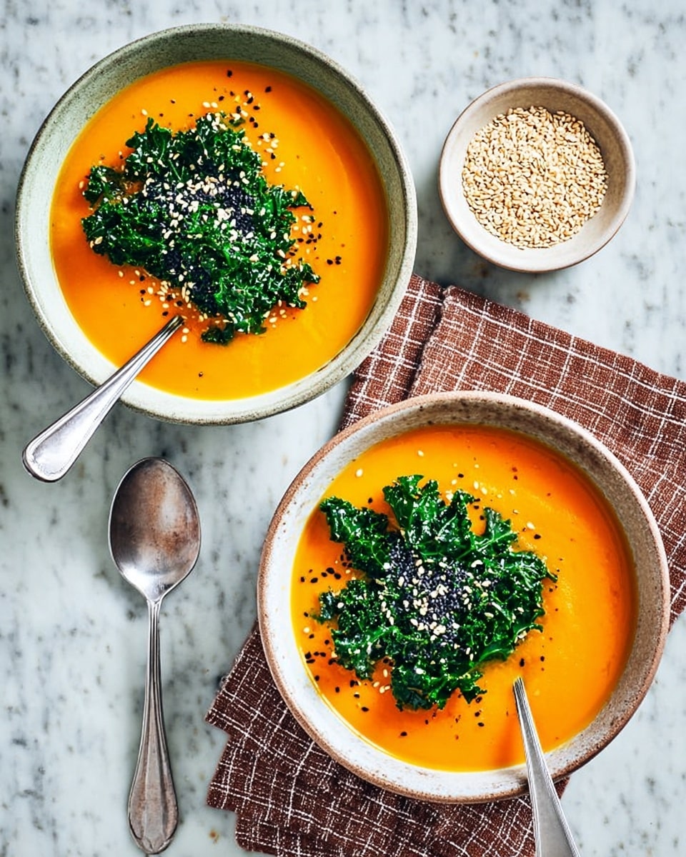 Two white bowls filled with smooth, bright orange soup are placed on a white marbled surface. Each bowl has a layer of vibrant green kale pieces on top, sprinkled with white sesame seeds and black mustard seeds. One bowl has a silver spoon resting inside it, positioned over a brown checkered cloth, while the other bowl is plain with a silver spoon lying nearby beside a small round white bowl filled with more sesame seeds. The soup surface is shiny and smooth, the kale looks fresh and slightly wrinkled, and the seeds add a speckled texture. photo taken with an iphone --ar 4:5 --v 7