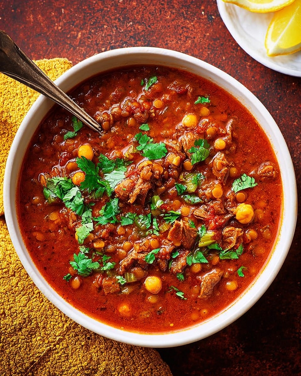 A white bowl filled with a thick, rich reddish-brown stew containing visible layers of lentils, chickpeas, and chunks of meat mixed together. The stew’s texture looks hearty and slightly chunky, with some small pieces of celery or similar vegetables seen within. On top, there are fresh green cilantro leaves scattered nicely as a garnish. A spoon is placed inside the bowl, slightly digging into the stew. The bowl sits on a warm dark rust-colored surface, partially covered by a yellow textured cloth next to it. A lemon wedge can be seen on a white plate near the top right corner of the image. photo taken with an iphone --ar 4:5 --v 7