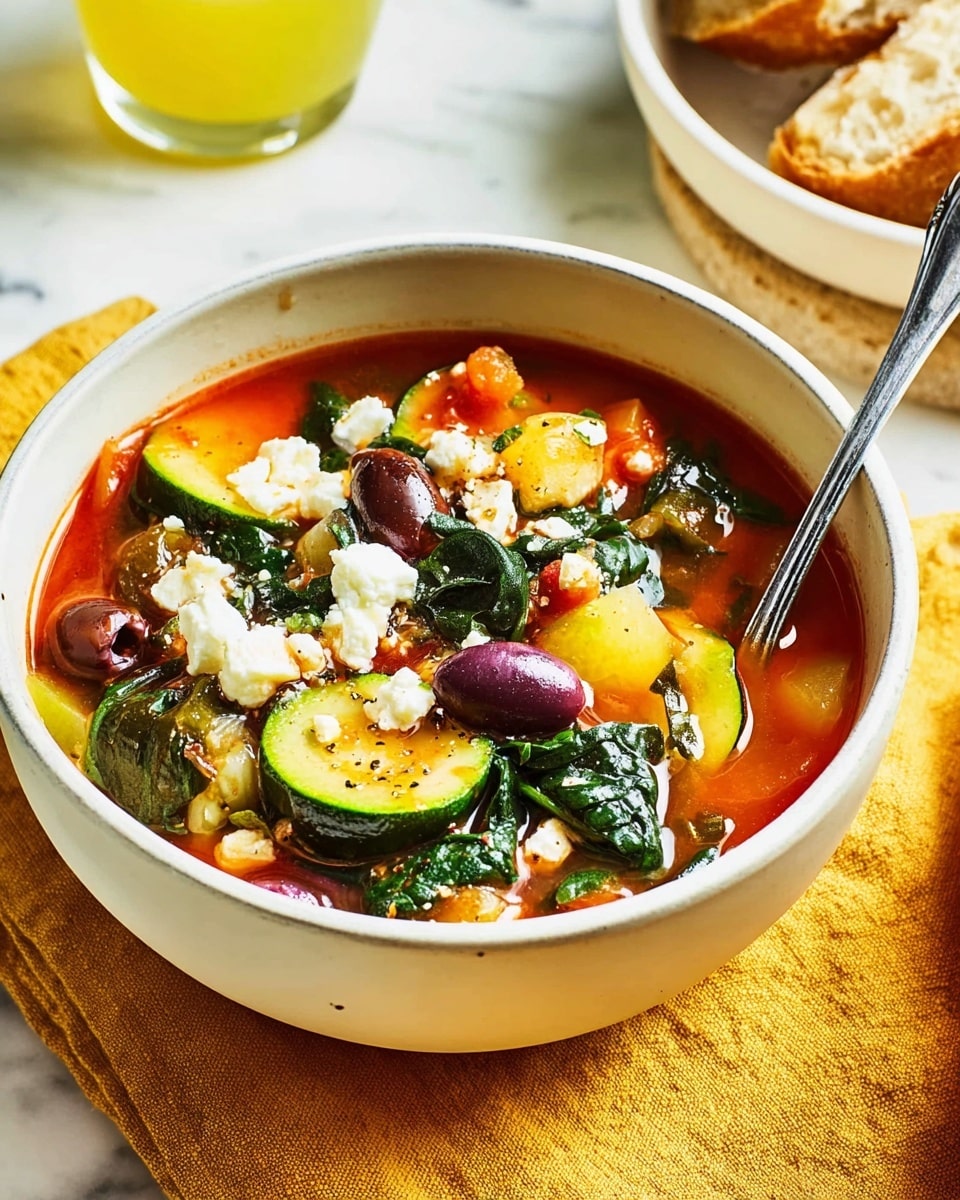 A white bowl filled with a colorful vegetable stew is placed on a white marbled texture covered with a yellow cloth. The stew has several layers starting with a rich red tomato broth at the base. Floating in the broth are deep green spinach leaves and slices of green and yellow zucchini with a smooth texture. Large purple and green olives add color contrast near the top. Crumbled white cheese is scattered on the upper layer, giving a creamy texture. A silver spoon stands inside the bowl on the right side. In the background, part of a white bowl filled with bread is visible, as is a glass with a yellow drink. photo taken with an iphone --ar 4:5 --v 7