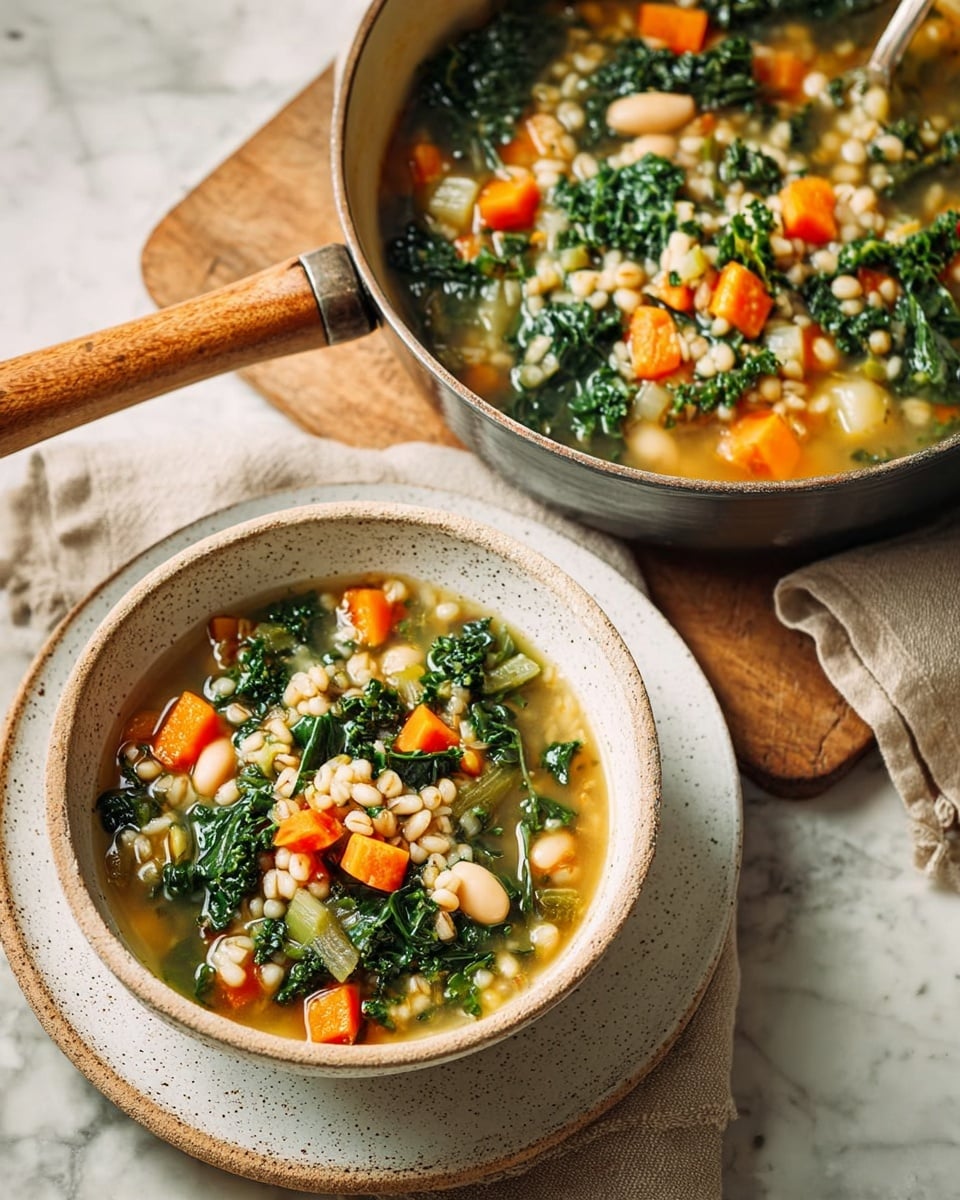 A pan and a white bowl filled with thick vegetable soup placed on a white marbled surface; the soup has clear broth with several layers of ingredients including bright orange carrot cubes, dark green kale leaves, pale white beans, and light beige barley grains, all mixed together with a chunky texture; the pan has a wooden handle and sits on a beige cloth atop a wooden board, while the bowl rests on a white plate with a speckled beige rim; the colors are earthy and fresh, emphasizing the healthy, hearty mix of vegetables and grains. photo taken with an iphone --ar 4:5 --v 7