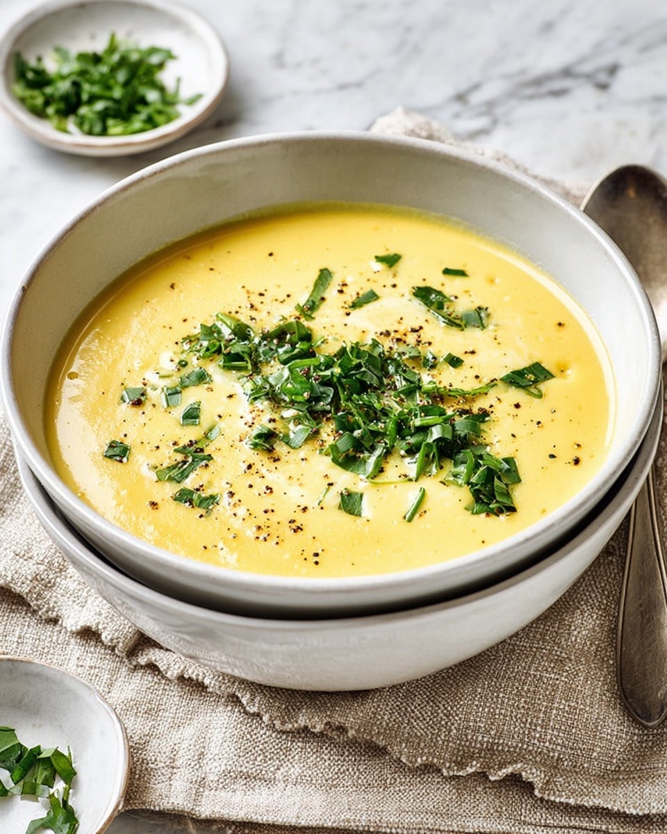 A thick creamy yellow soup fills a white bowl, topped with small pieces of chopped green herbs and a light sprinkle of black pepper, creating a fresh and colorful contrast. The bowl sits inside another white bowl, both resting on a folded beige textured cloth on a white marbled surface. A spoon is placed nearby and a small white dish with more chopped green herbs is partly visible. The soup surface is smooth and glossy, showing its rich texture. Photo taken with an iphone --ar 4:5 --v 7
