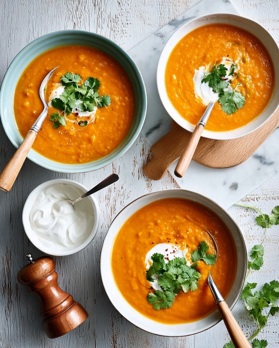 The image shows three bowls of orange soup with a thick and creamy texture, each bowl topped with a dollop of white cream and fresh green cilantro leaves. Two bowls are white and one bowl is light blue, each containing a wooden spoon with a metal tip resting on the edge or inside the bowl. Next to the bowls, there is a small white bowl filled with white cream and a spoon inside it. The bowls are arranged on a white marbled textured surface with a wooden cutting board nearby, and a small brown pepper grinder is also visible. A few loose cilantro leaves are scattered around, adding a fresh green touch to the scene. Photo taken with an iphone --ar 4:5 --v 7