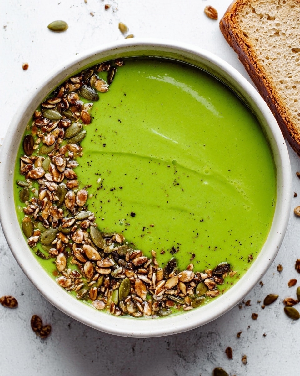 A white bowl filled with a smooth, bright green soup topped on one side with a mix of toasted seeds, including pumpkin and sunflower seeds, creating a crunchy texture and a brown and golden color contrast against the green soup. A piece of light brown bread is placed near the bowl at the top right, resting on a white marbled surface with some scattered seeds around it. The soup has a creamy texture and the seed topping forms a curved line along the bowl's edge. Photo taken with an iphone --ar 4:5 --v 7