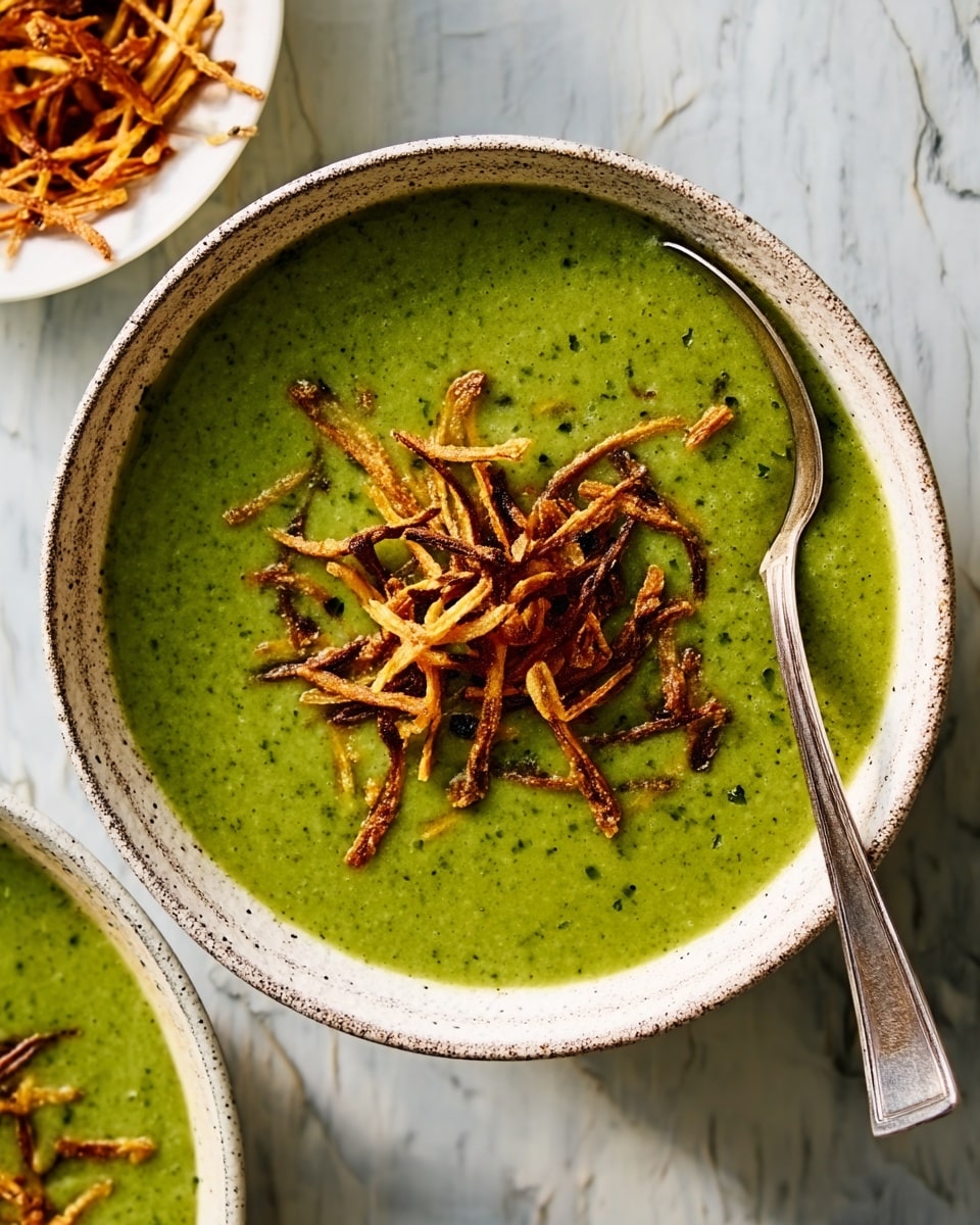 A close-up image of a bowl filled with smooth, thick green soup that has a slightly creamy texture. The soup is topped with a small pile of thin, crispy fried onion strips that are golden-brown and scattered in the center. The bowl is white with a slightly rough texture, and a metal spoon rests inside at the edge. In the background, there is a smaller white bowl with more fried onions. The bowls are placed on a white marbled surface that looks clean and bright. photo taken with an iphone --ar 4:5 --v 7