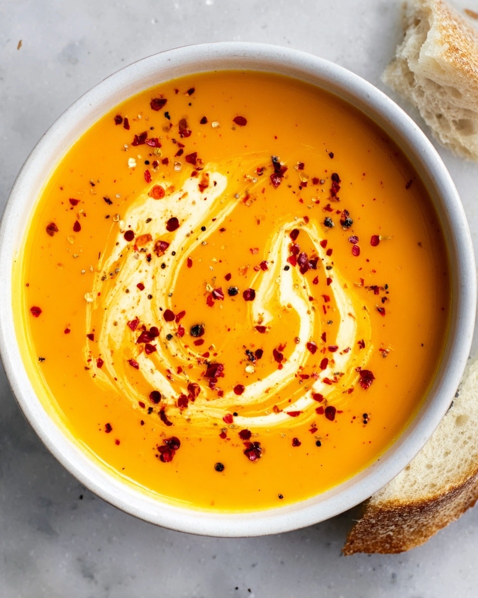 A white bowl filled with smooth, creamy orange soup is placed on a white marbled surface. The soup has a swirl of white cream mixed on top, with small red chili flakes and black pepper sprinkled over it, adding specks of red and black color that contrast with the orange soup. A piece of torn bread rests near the bowl on the right side. Photo taken with an iphone --ar 4:5 --v 7