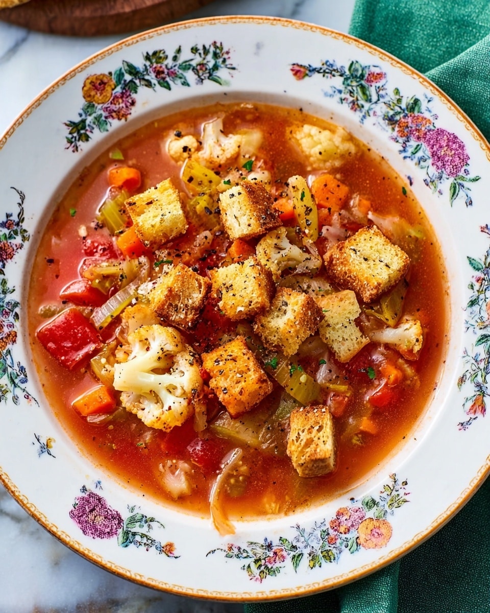 A white plate with colorful floral patterns on the rim holds a bowl of vibrant vegetable soup. The soup has a rich red broth filled with chunks of orange carrots, pale cauliflower florets, and strips of light green cabbage. Scattered generously on the top are golden brown croutons with a slightly crispy texture, sprinkled lightly with black pepper. The soup looks warm and inviting, sitting on a white marbled surface with a folded green cloth napkin at the side. Photo taken with an iphone --ar 4:5 --v 7