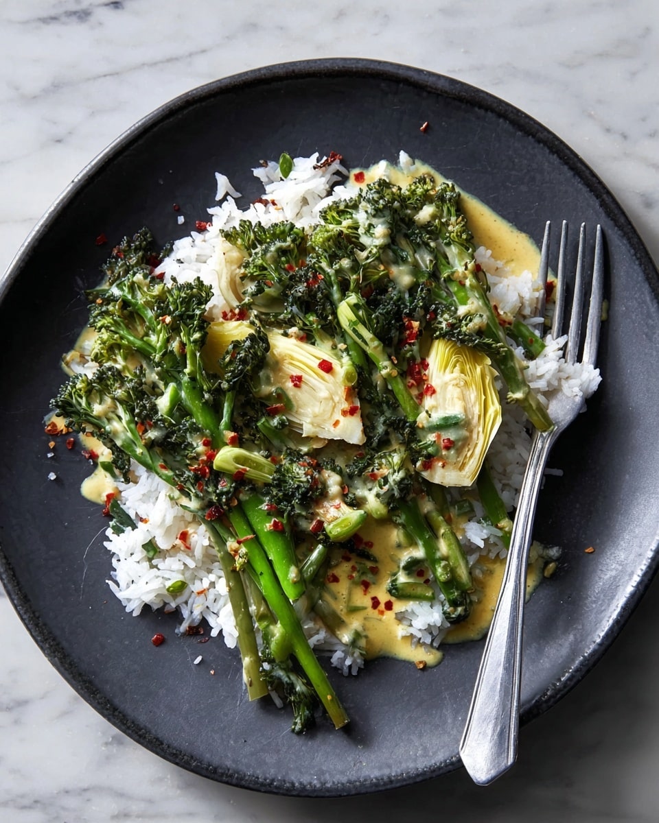 The image shows a single dark grey plate with ridged edges set on a white marbled surface. On the plate, there is a base layer of white cooked rice spread out evenly. Above the rice, a mix of green vegetables including stalks of broccolini and pale green artichoke pieces are arranged loosely. A quarter of a boiled egg with a yellow yolk and white egg white is placed on top of the vegetables. Small red chili flakes are sprinkled across the dish, adding pops of color. A dark metal fork rests on the right side of the plate. The photo taken with an iphone --ar 4:5 --v 7