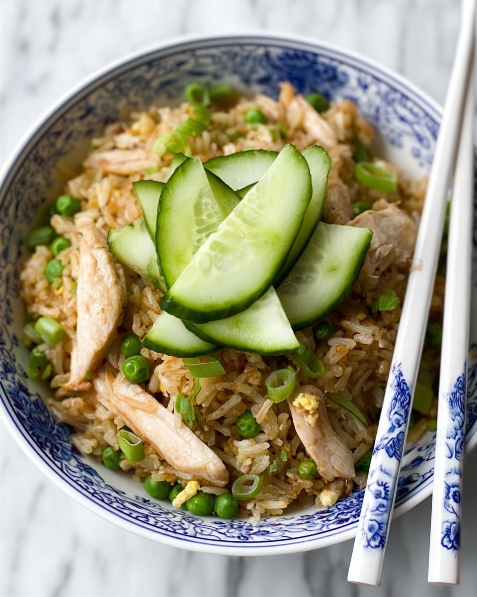 A white bowl with blue pattern on the outside is filled with fried rice that has a light brown color and mixed green peas and chopped green onions scattered throughout. On top of the rice are several pieces of cooked chicken with a light beige color and a few slices of fresh cucumber with a bright green rind and pale green inside, arranged neatly in the center. A pair of white chopsticks with blue patterns rests on the edge of the bowl. The bowl sits on a white marbled surface. Photo taken with an iphone --ar 4:5 --v 7