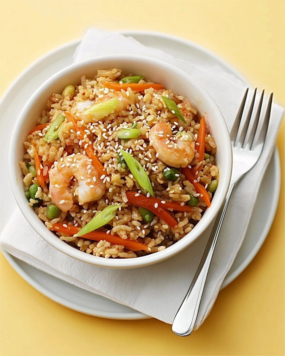 A white bowl filled with fried rice sits at the center of a white plate with a white napkin beneath the bowl. The rice is mixed with small shrimp, thin orange carrot sticks, and sliced green onions, all evenly stirred together. White sesame seeds are sprinkled on top, adding a bit of texture and contrast. The plate and bowl rest on a plain yellow background, with a fork placed on the plate next to the bowl. photo taken with an iphone --ar 4:5 --v 7